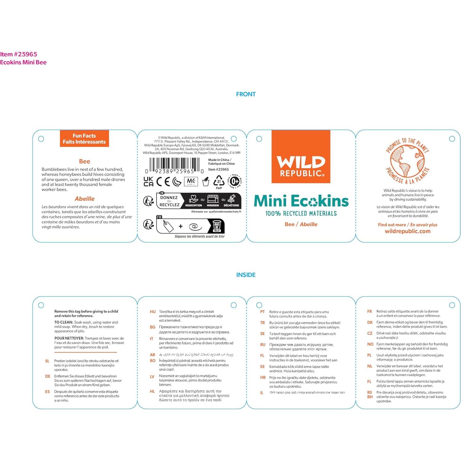 Abeja de Peluche Ecológica Wild Republic 20 cm - Regalo Infantil