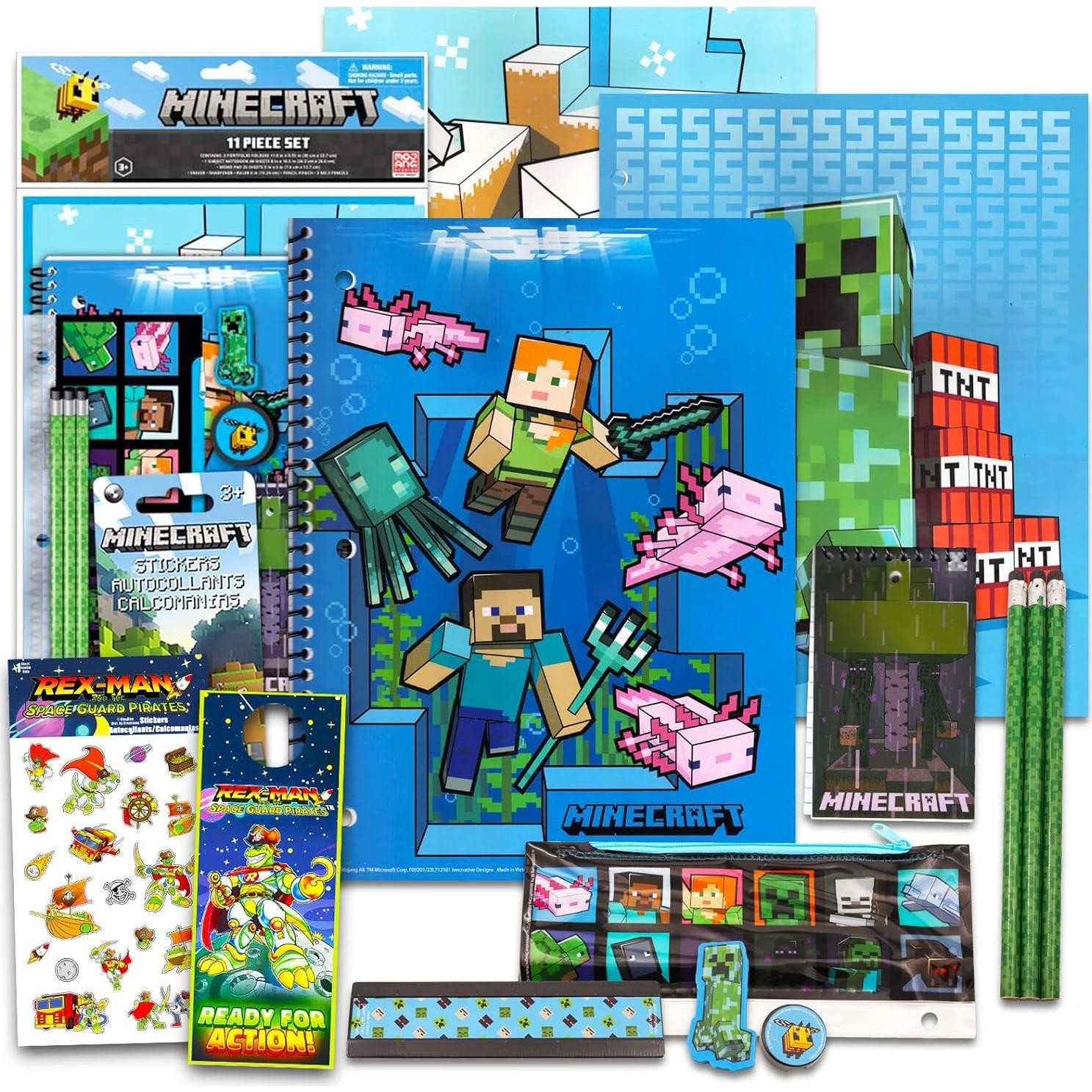 Suministros Escolares Minecraft 13 Piezas - Carpetas, Cuaderno y Stickers