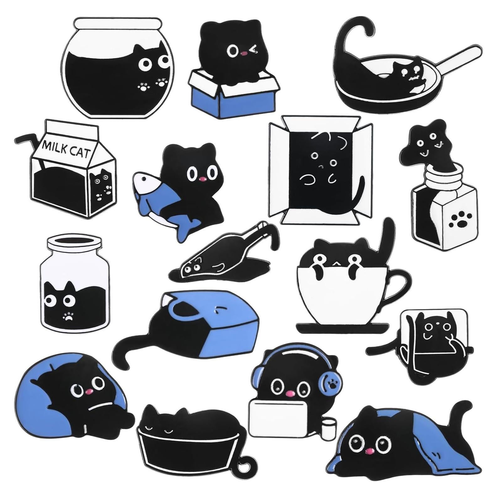 Conjunto de 16 Pines de Esmalte de Gato Negro - Decoración Ropa y Mochilas