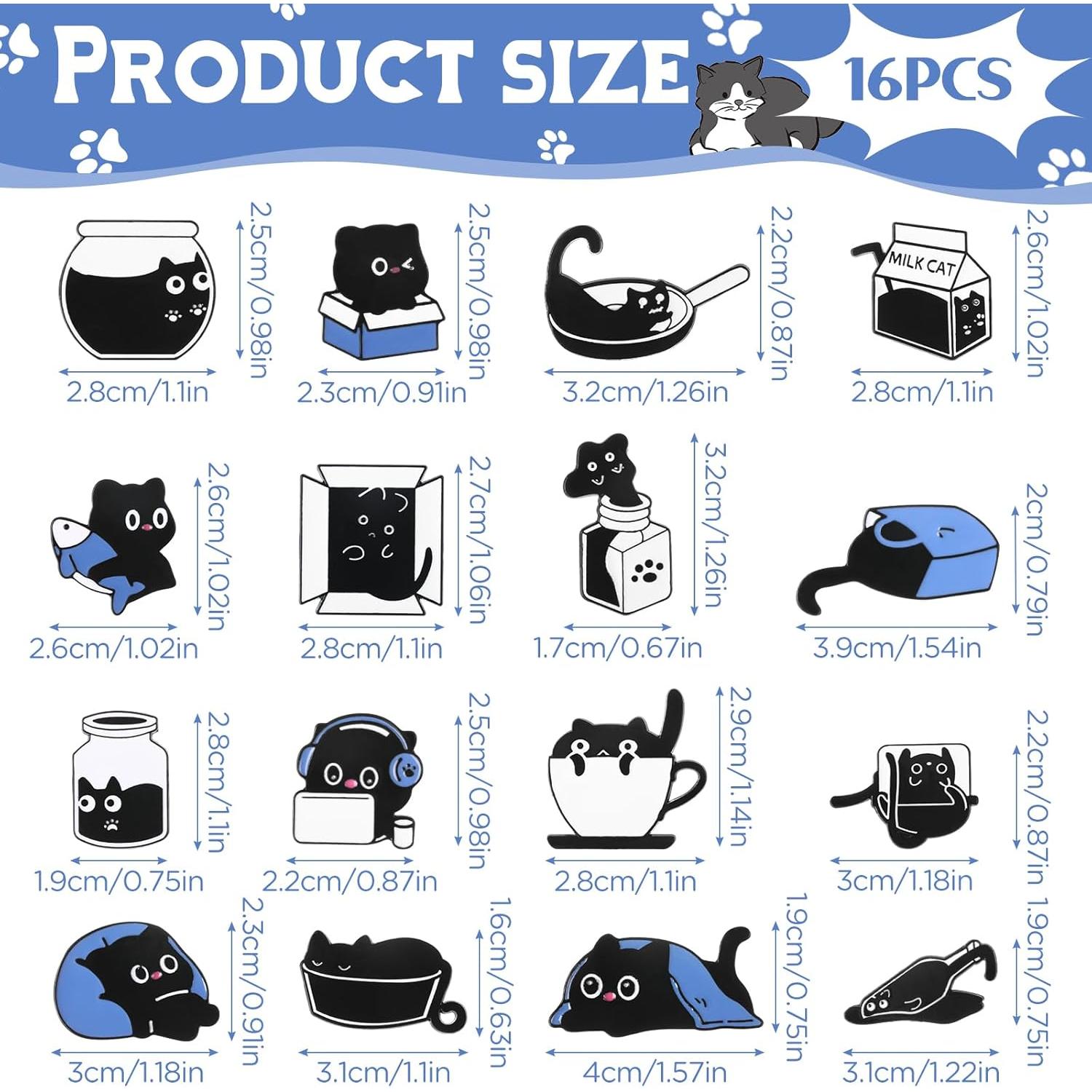 Conjunto de 16 Pines de Esmalte de Gato Negro - Decoración Ropa y Mochilas