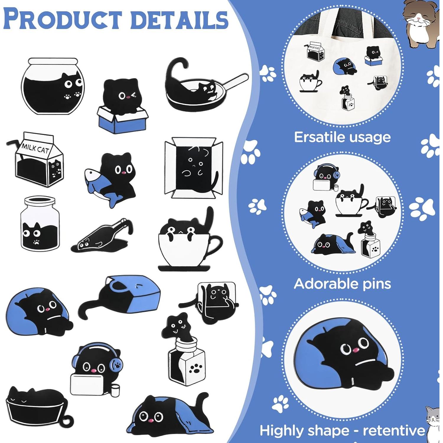 Conjunto de 16 Pines de Esmalte de Gato Negro - Decoración Ropa y Mochilas