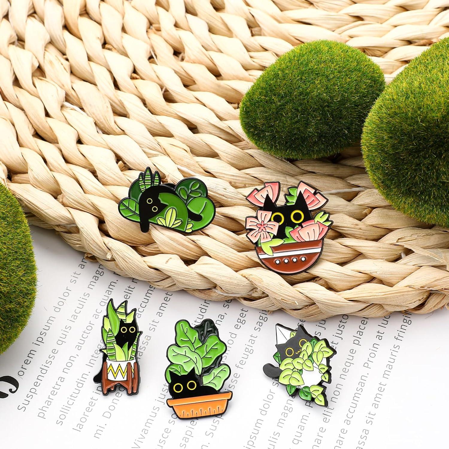 Conjunto de Pines de Esmalte WLLHYF 5 Pcs Gato y Plantas