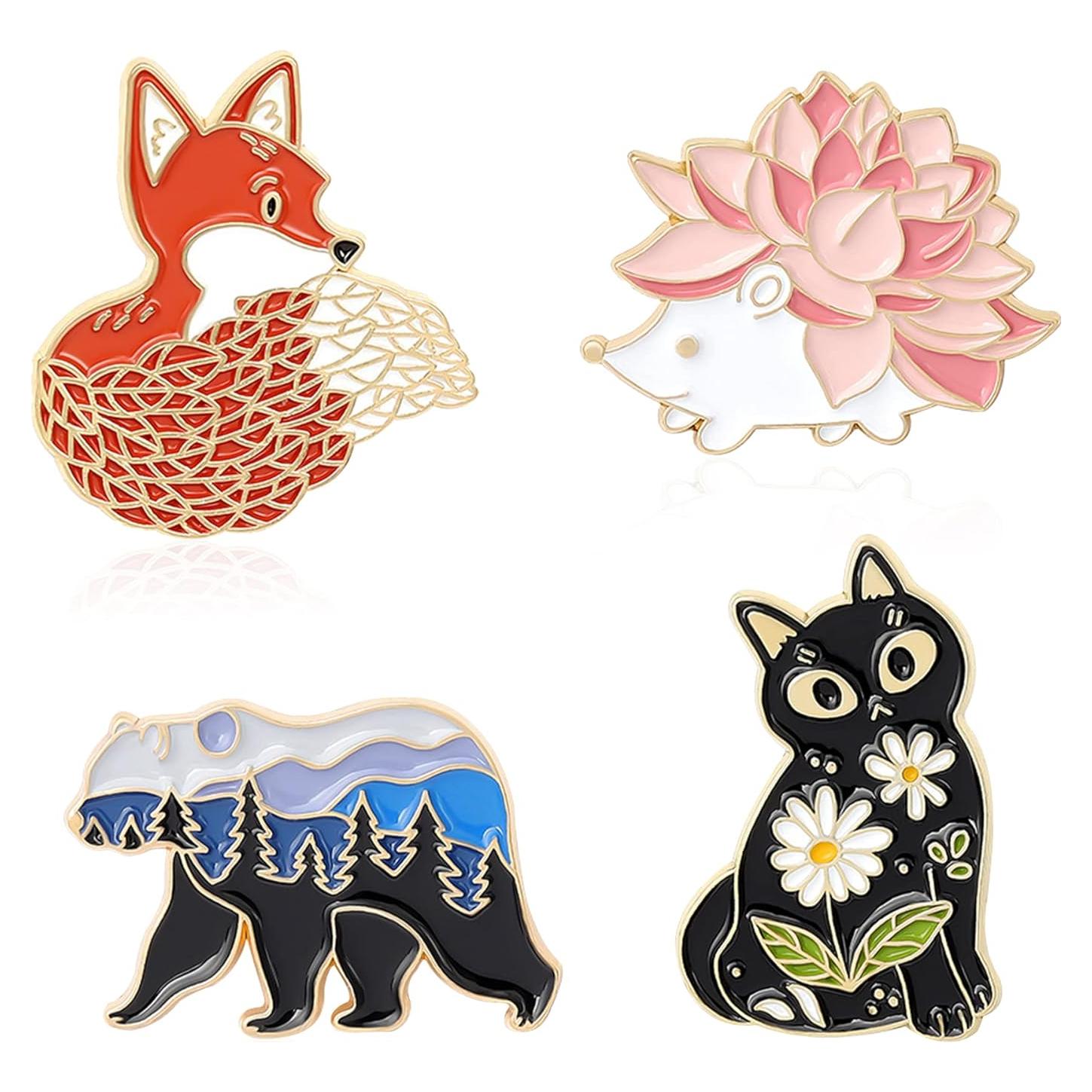 Juego de 4 Pines de Esmalte Animales Oso Zorro Gato Erizo
