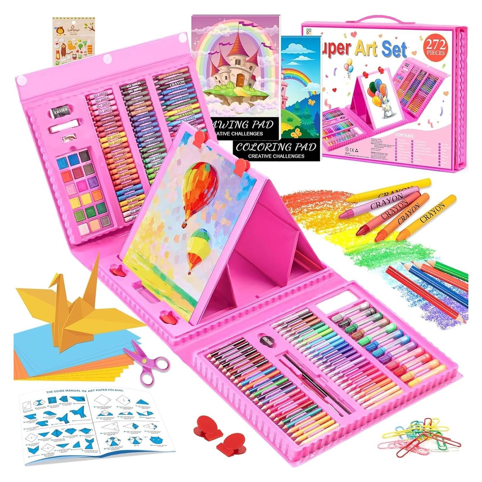 Kit de Dibujo POPYOLA 272 Piezas con Caballete Trifold Rosa