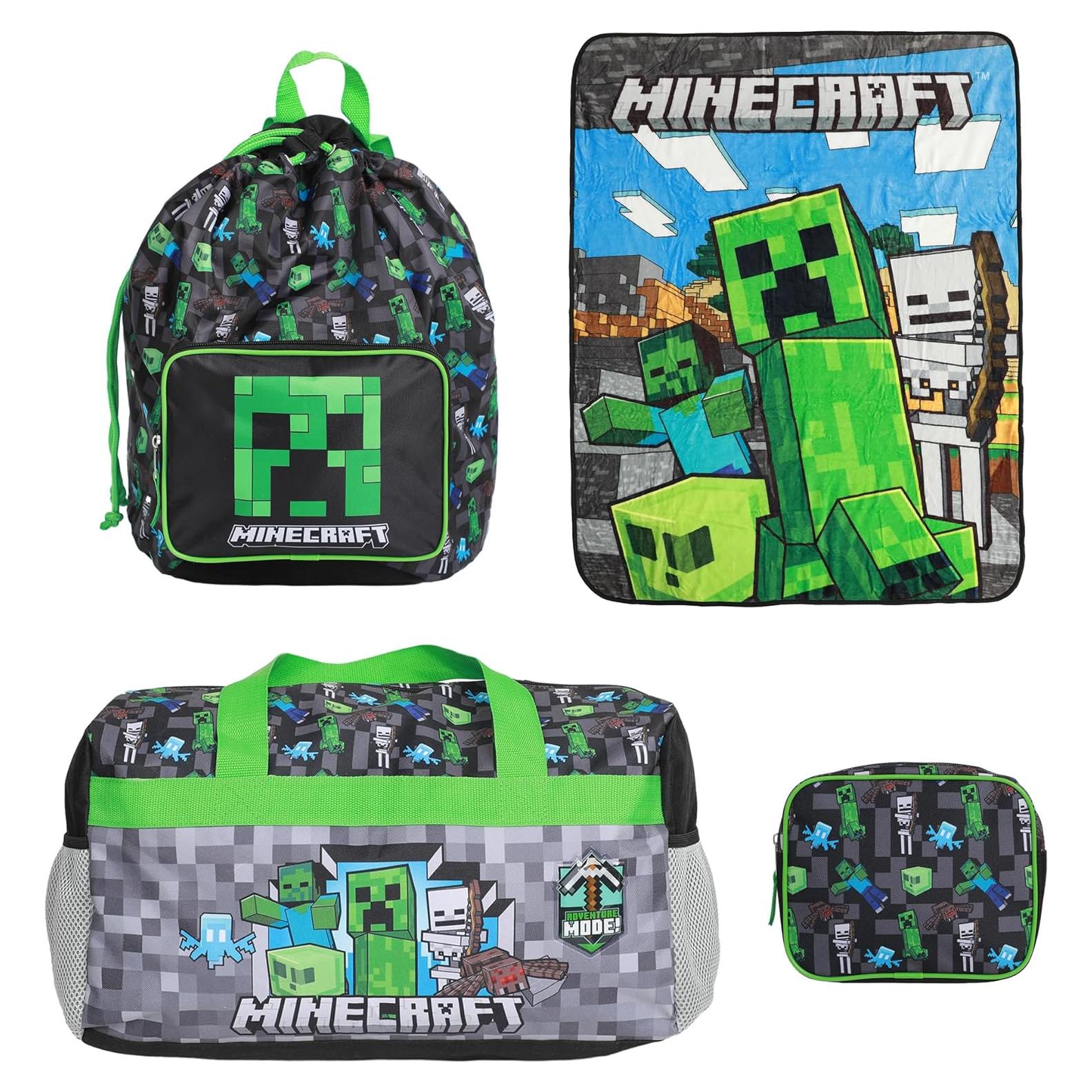 Conjunto de Viaje Minecraft Creeper 4 Piezas - Bolsa, Mochila, Manta, Neceser