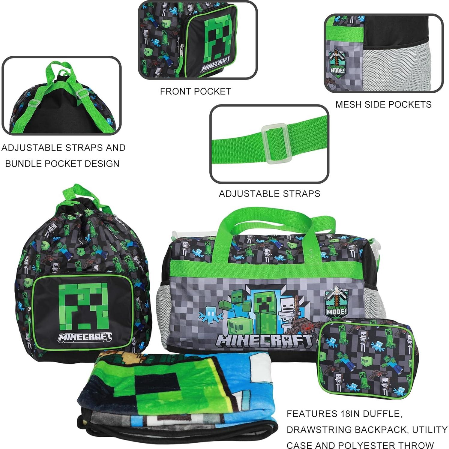 Conjunto de Viaje Minecraft Creeper 4 Piezas - Bolsa, Mochila, Manta, Neceser