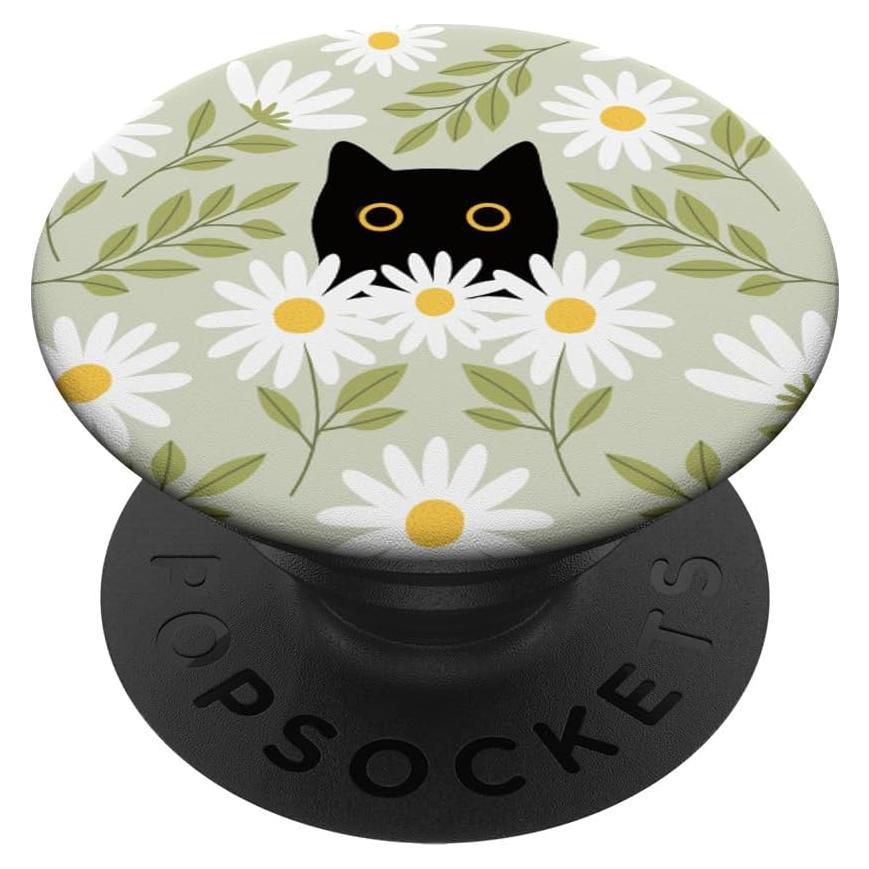 PopSockets PopGrip Gato Negro con Margaritas Verde Salvia