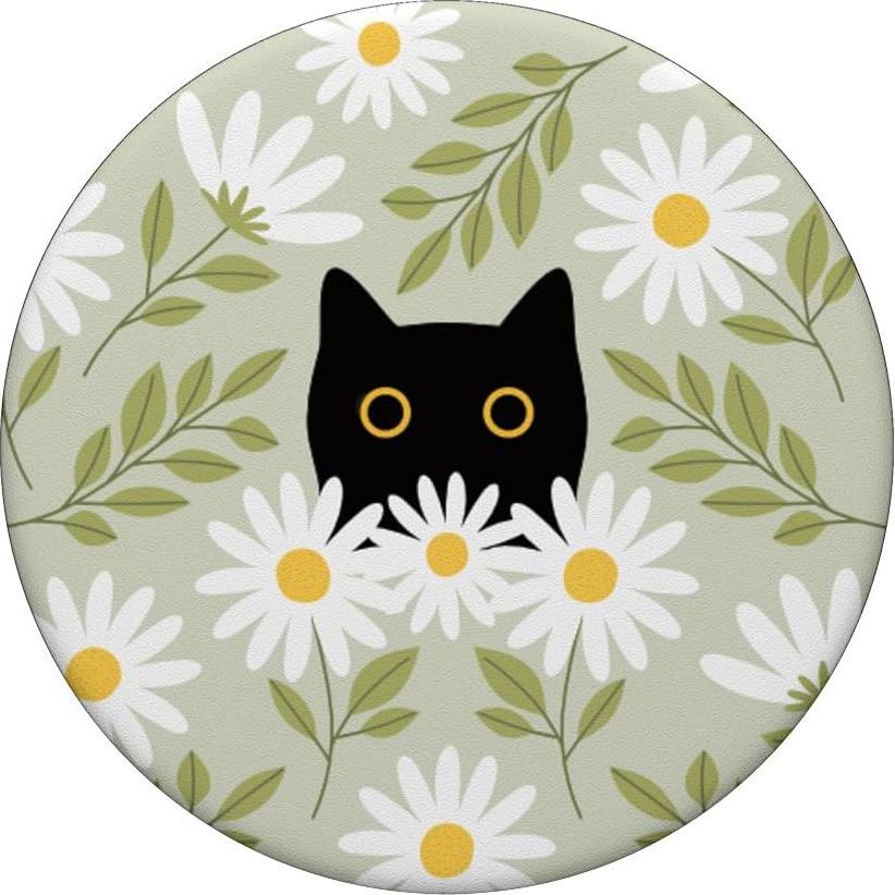 PopSockets PopGrip Gato Negro con Margaritas Verde Salvia