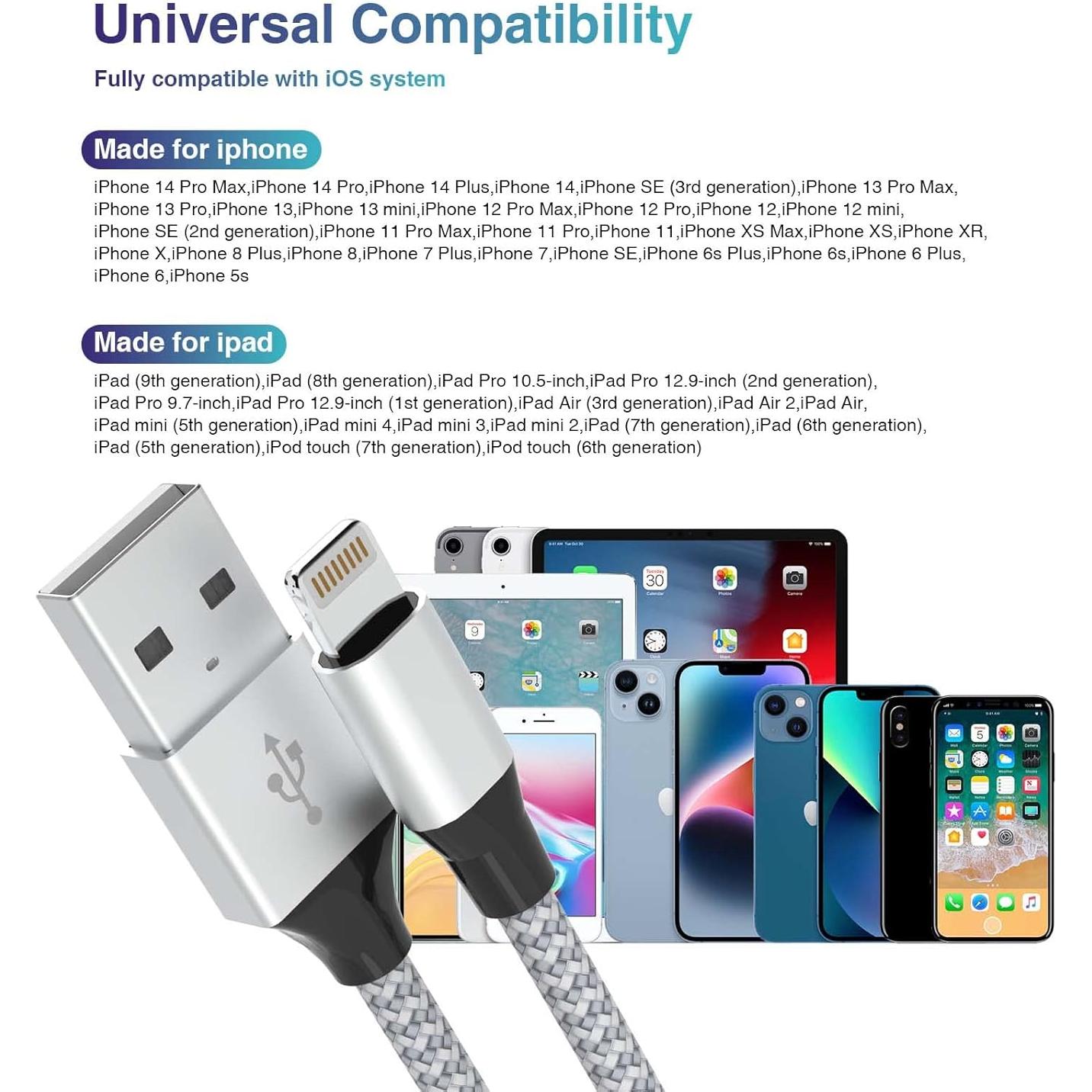 Cable de Carga Rápida Aukelan 1.8m 3Pack MFi Nylon para iPhone