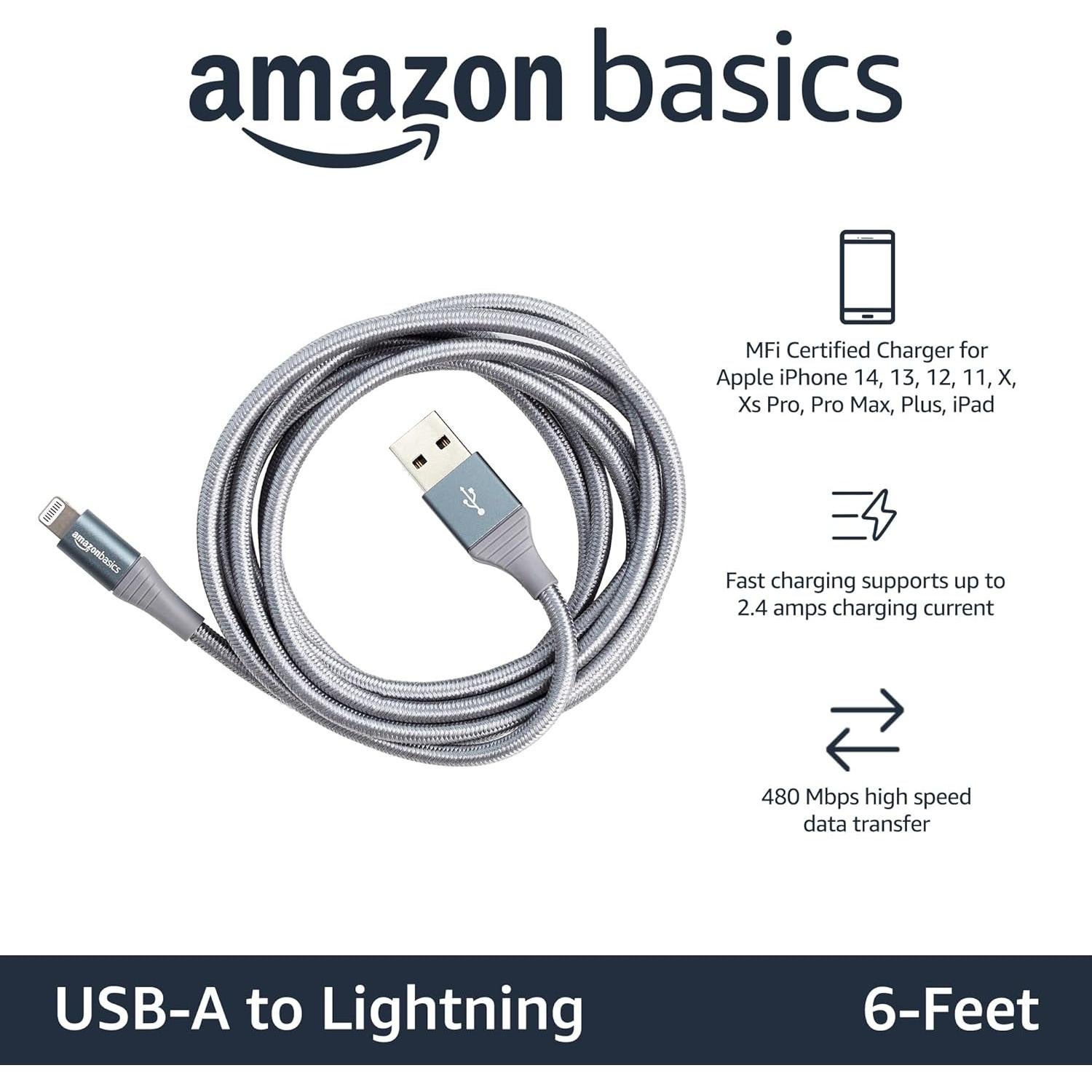 Cable USB-A a Lightning Amazon Basics 1.83m Nylon MFi Gris