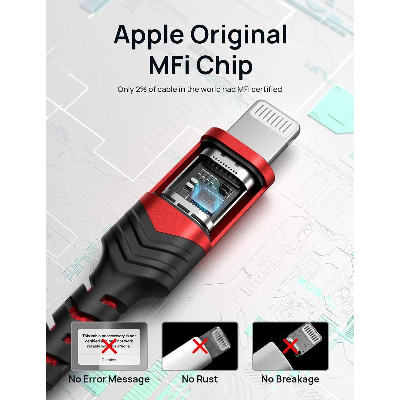 Cable Lightning JSAUX 6ft MFi Nylon Trenzado Rojo Carga Rápida