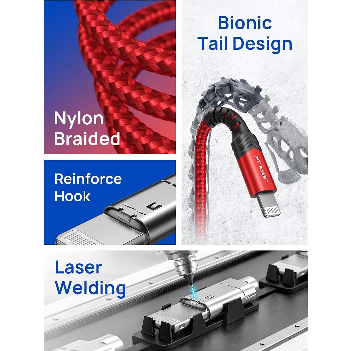 Cable Lightning JSAUX 6ft MFi Nylon Trenzado Rojo Carga Rápida