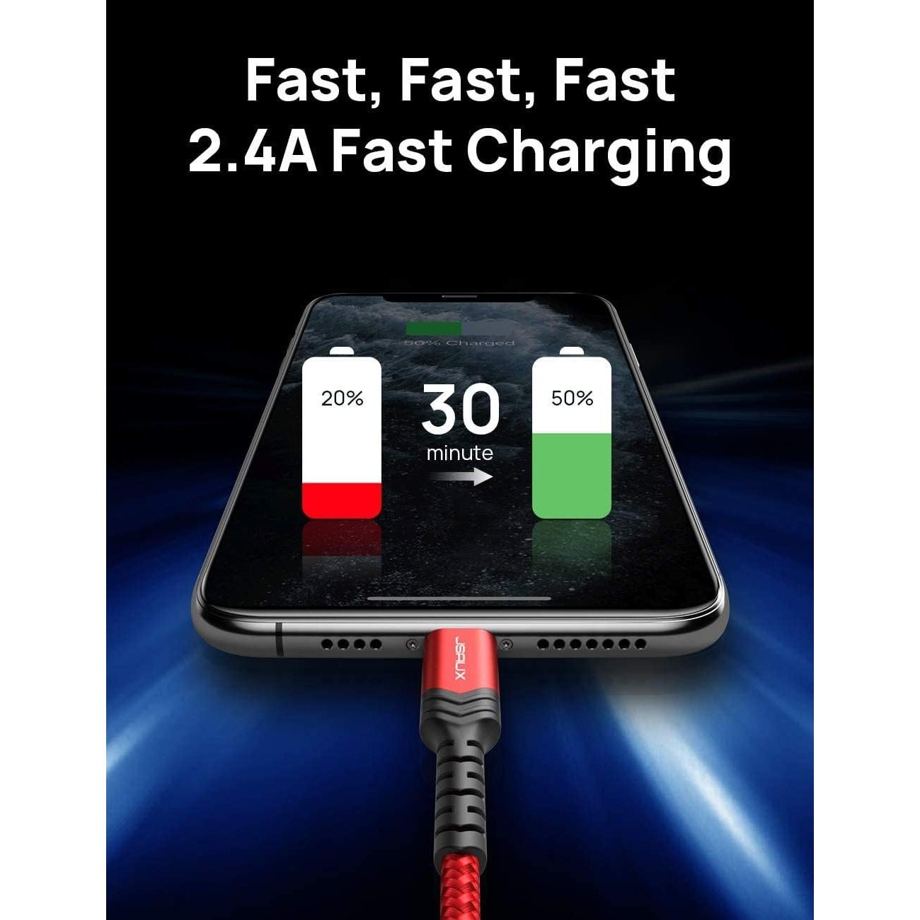 Cable Lightning JSAUX 6ft MFi Nylon Trenzado Rojo Carga Rápida