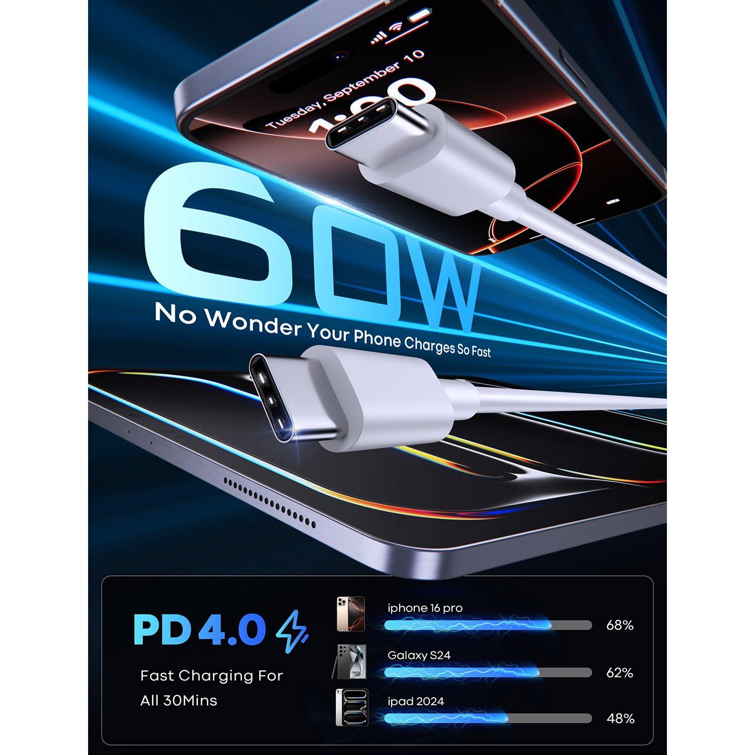 Cable USB C a USB C CLEEFUN 3m 60W Carga Rápida 2-Pack