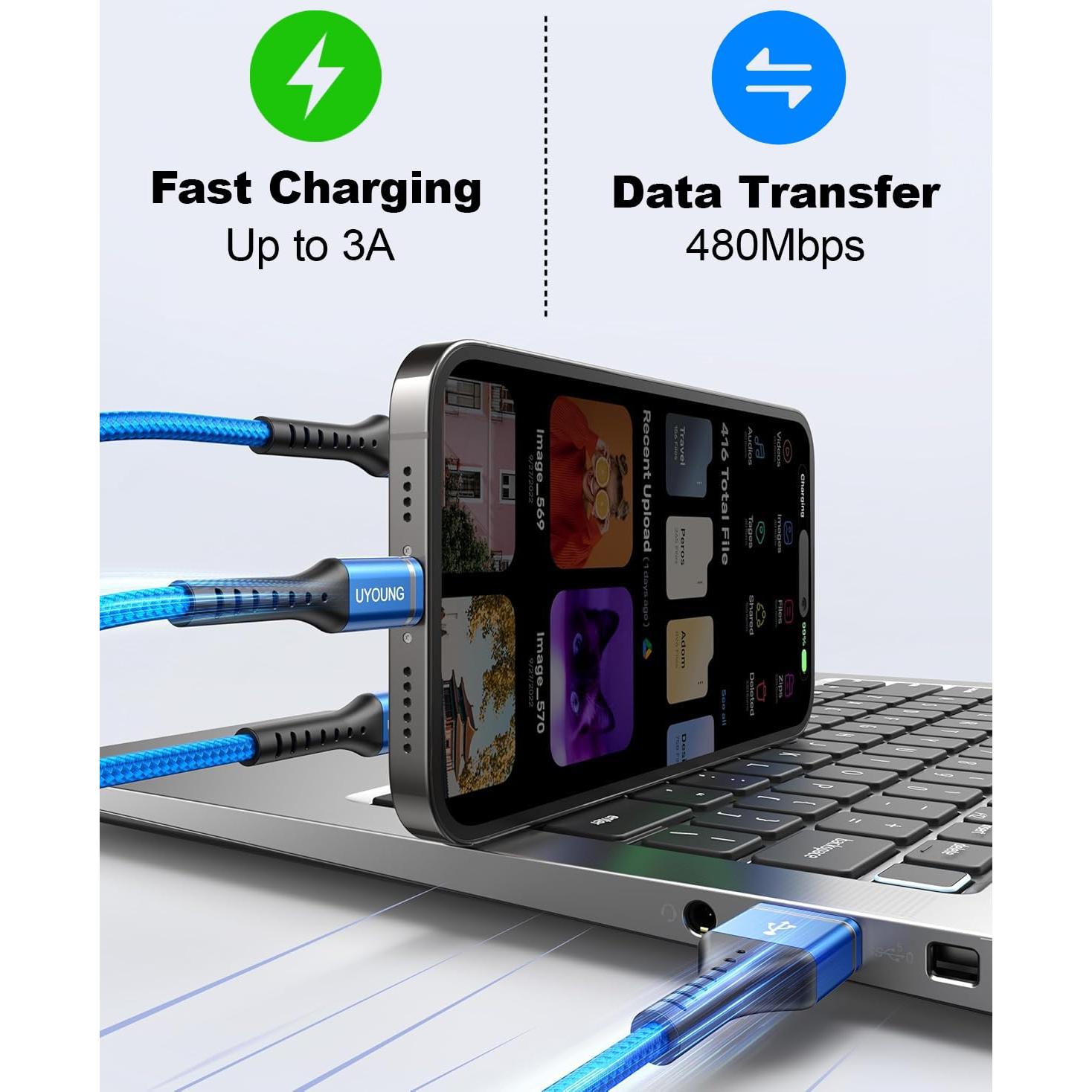 Cable de Carga Múltiple 3 en 1 UYOUNG 6FT (1.83m) Azul