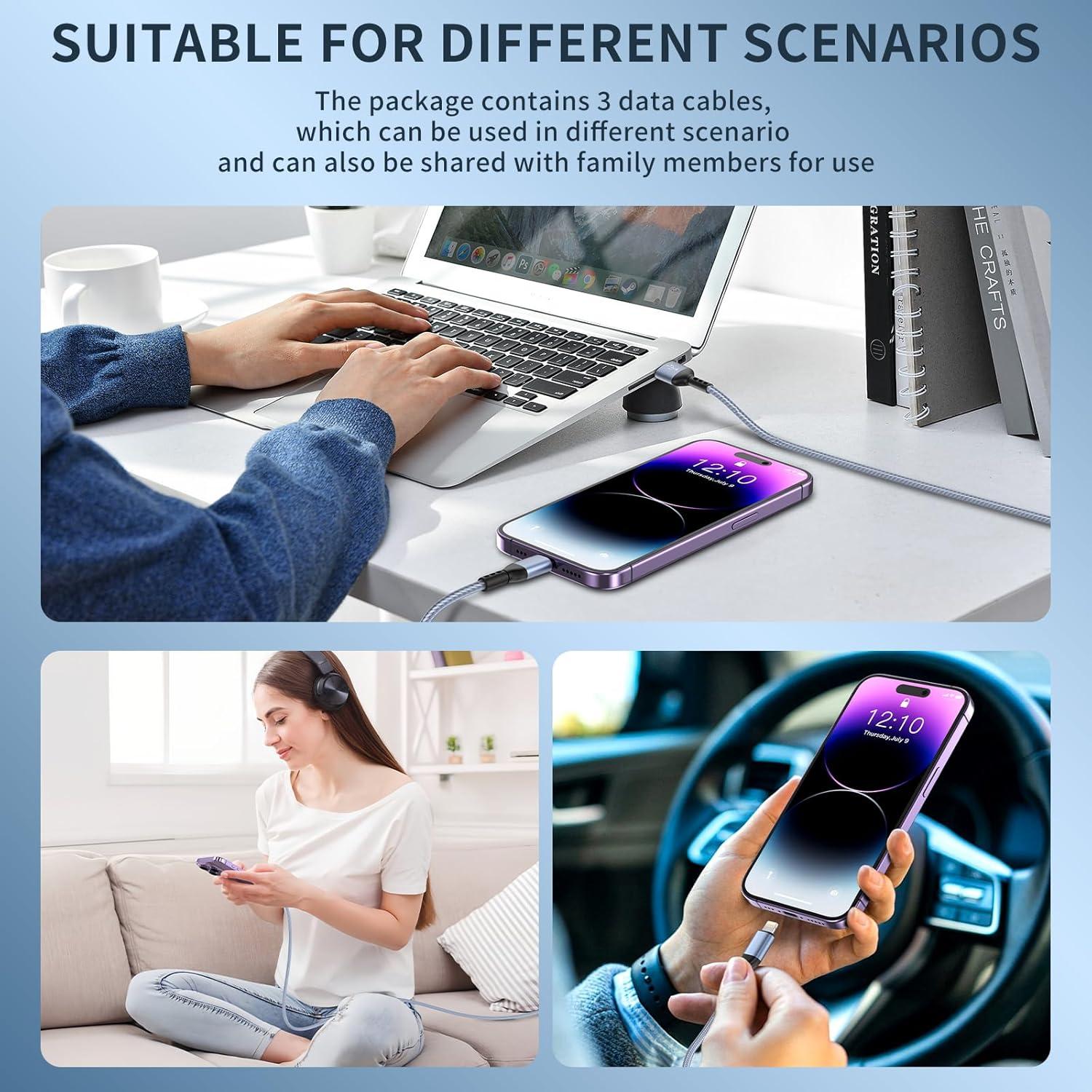 Cargador Lightning VODRAIS 3pack 3.05m Nylon MFi iPhone