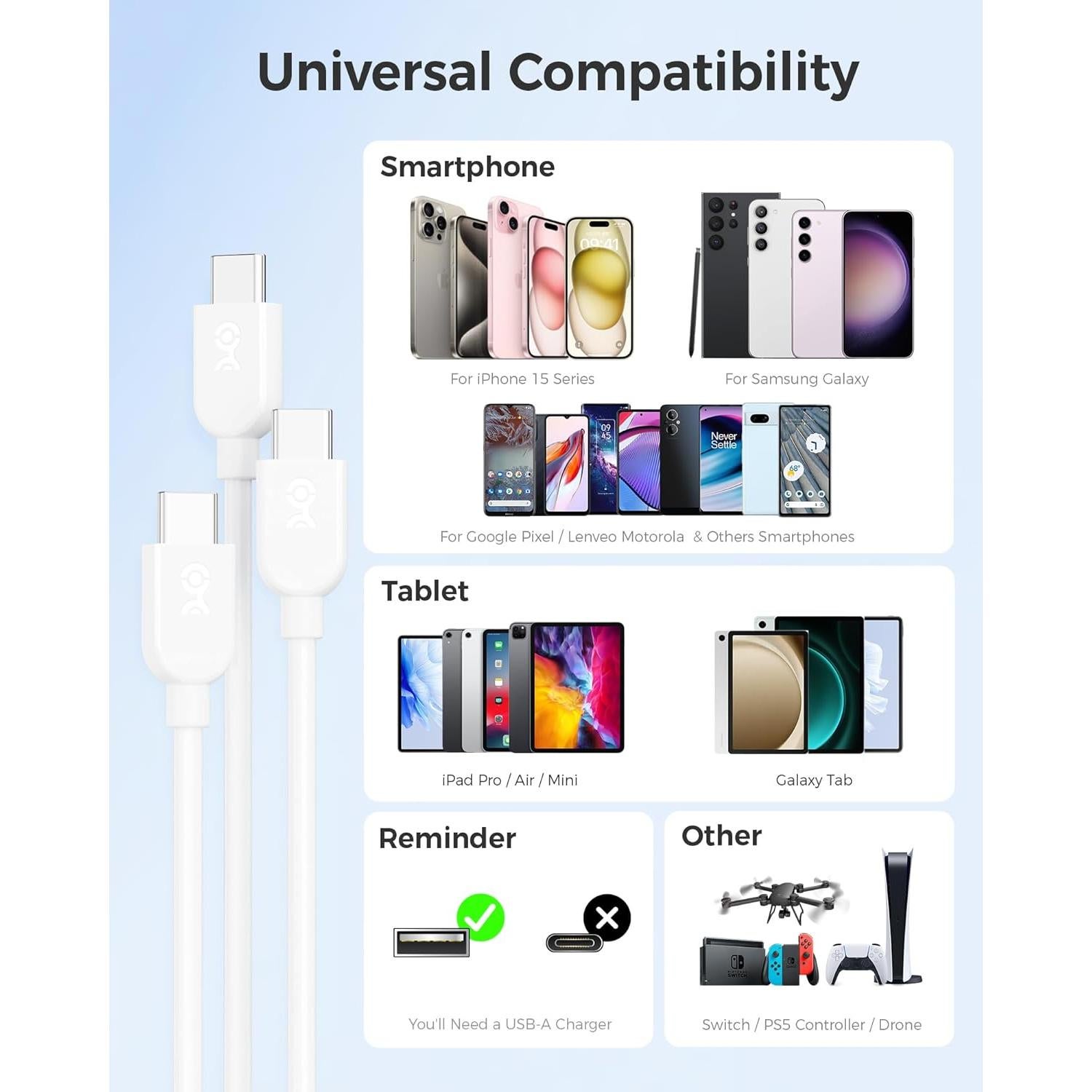 Cable USB A a C 1.83m Cable Matters 3-Pack Blanco 15W