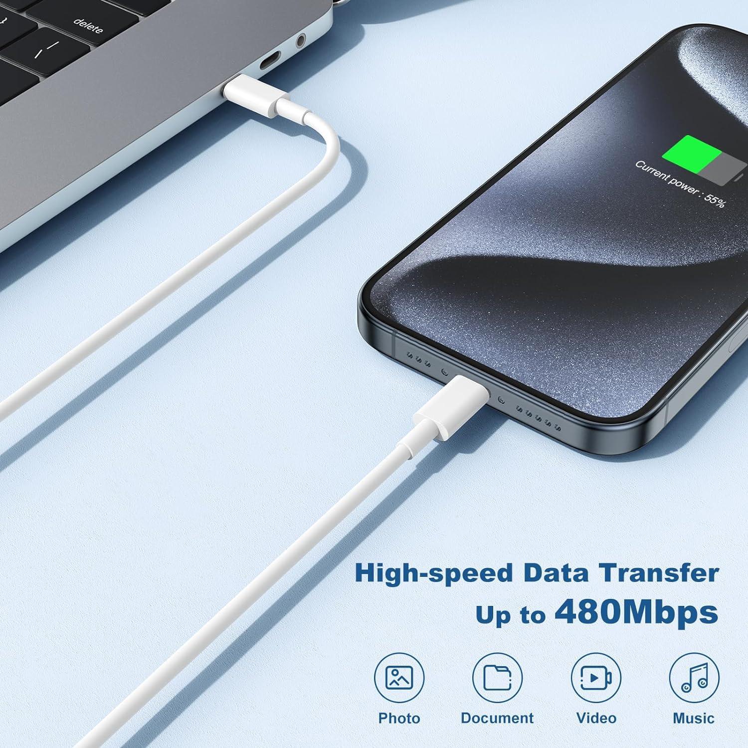 Cargador Rápido USB C 20W + 3 Cables 10 pies para iPhone 16 15