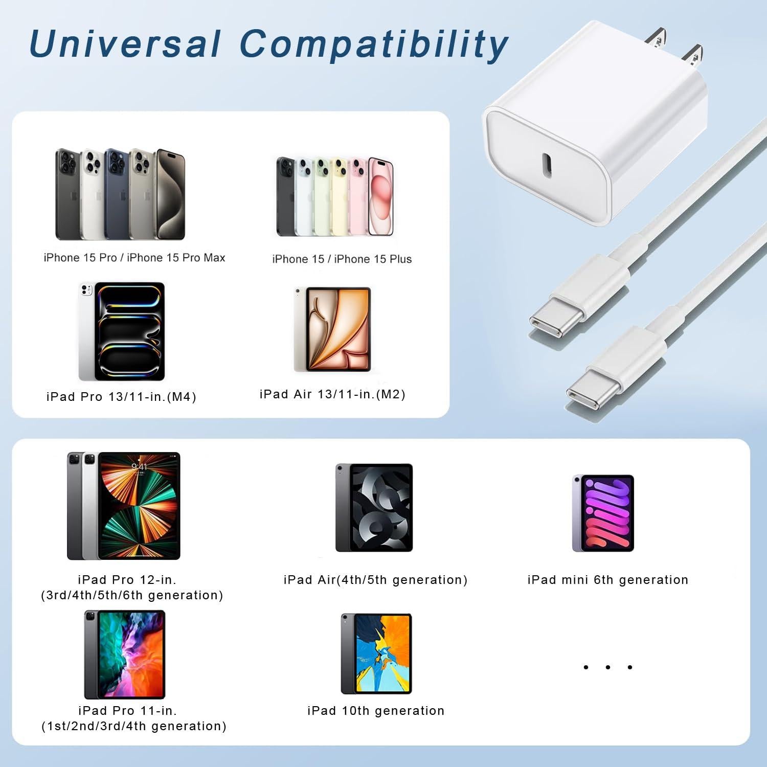 Cargador Rápido USB C 20W + 3 Cables 10 pies para iPhone 16 15