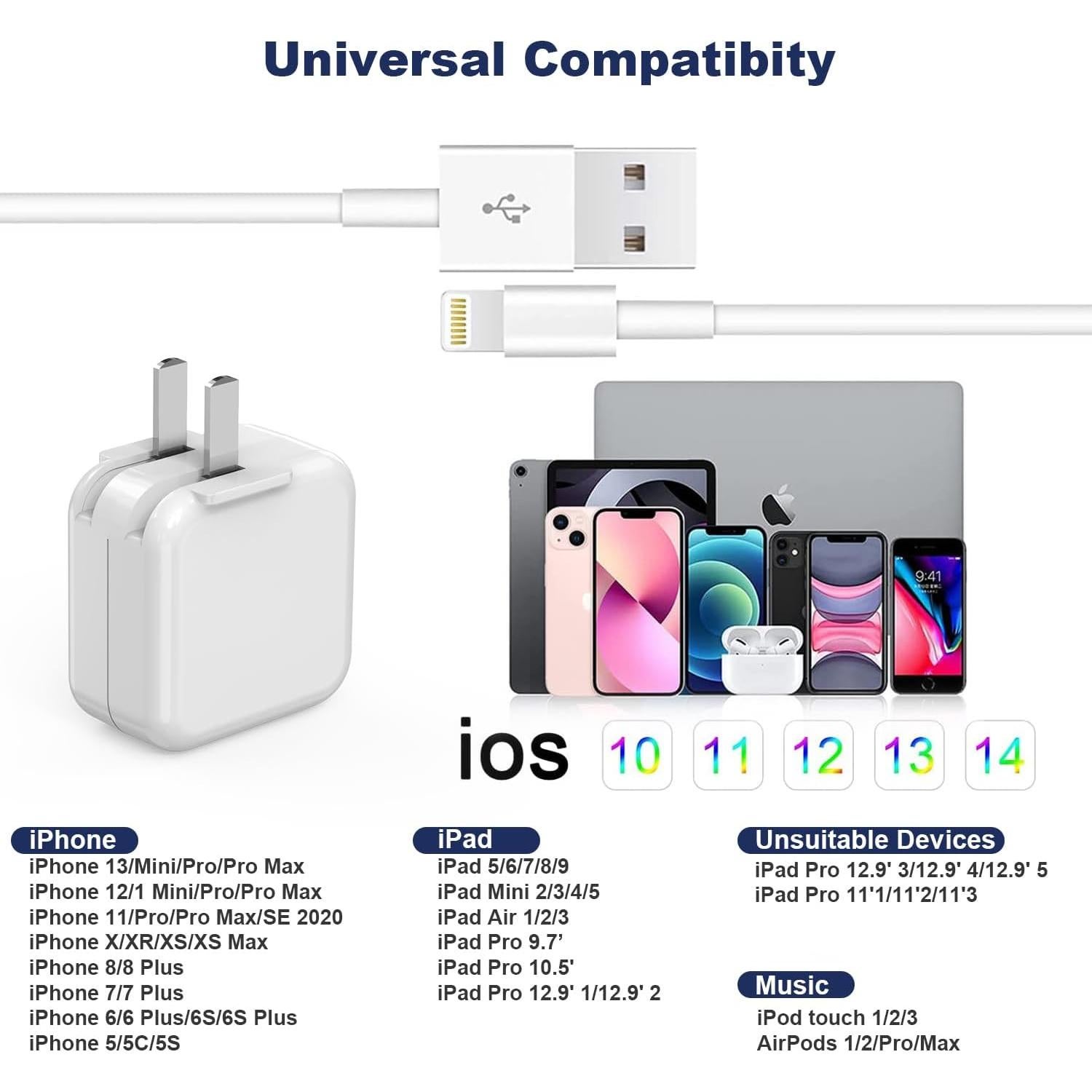 Cargador Rápido 12W + Cable Lightning 1.83m para iPad/iPhone