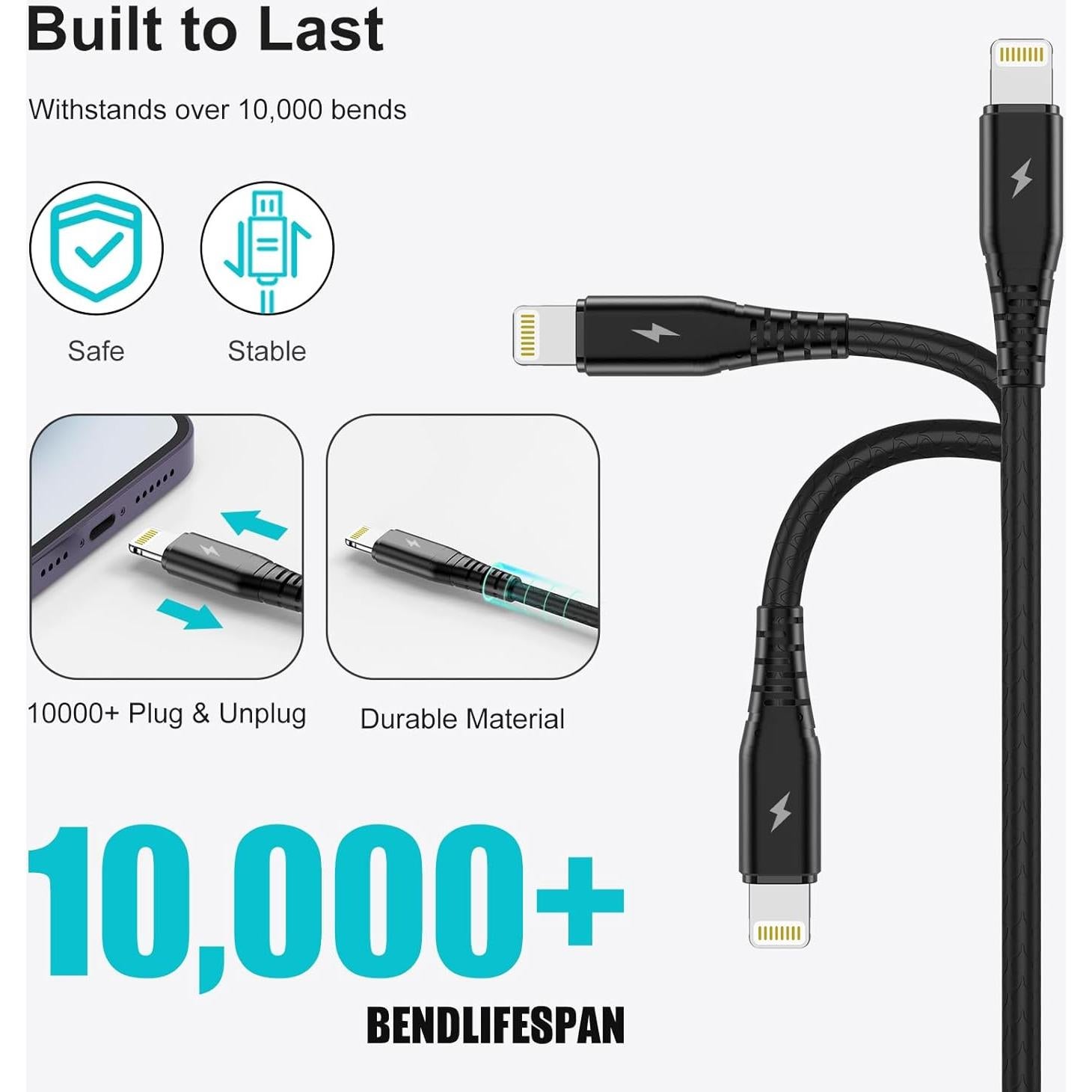 Paquete de 3 Cables USB A a Lightning 1.83m Cabepow Negro