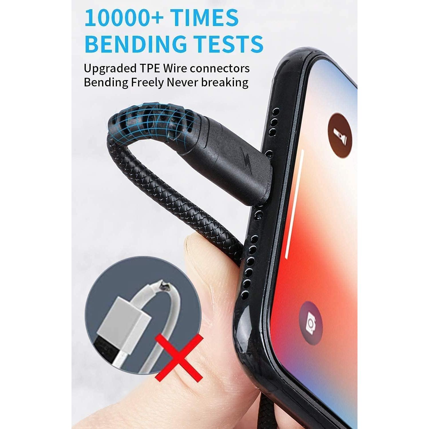 Paquete de 3 Cables USB A a Lightning 1.83m Cabepow Negro