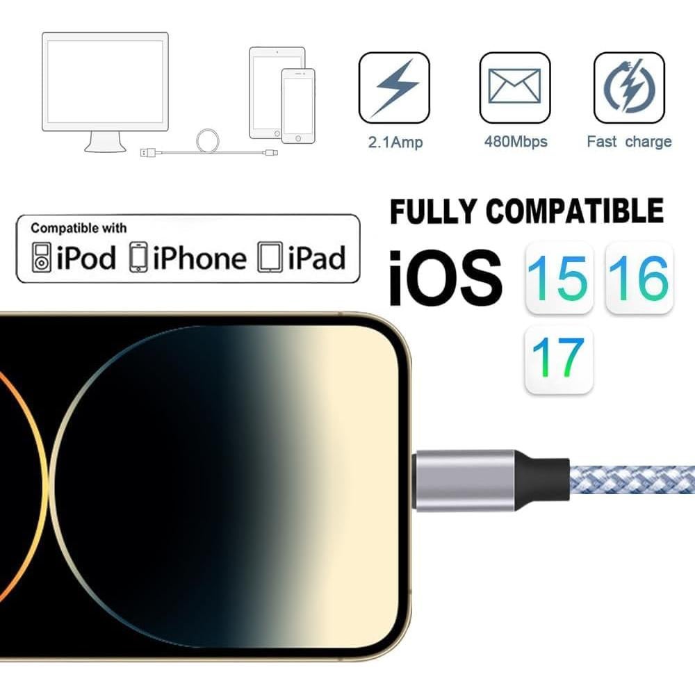 Cargador Rápido MFi DAZHWA 3pack 1.83m Nylon iPhone