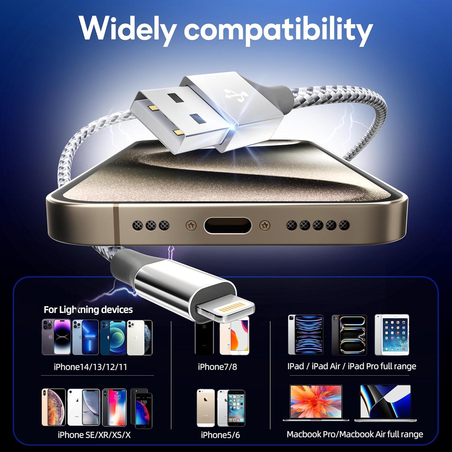 Cargador Lightning MenoSupp 3Pack 10FT Nylon Carga Rápida