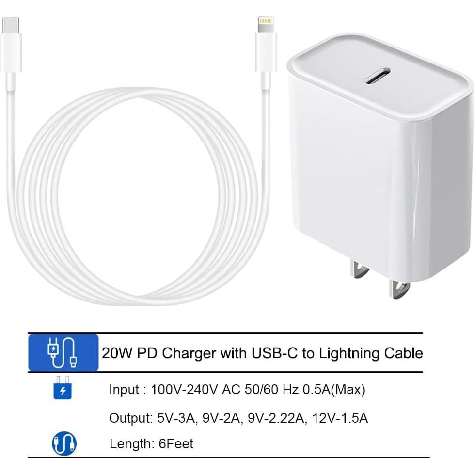 Cargador Rápido 20W USB C PD con Cable 6 pies para iPhone