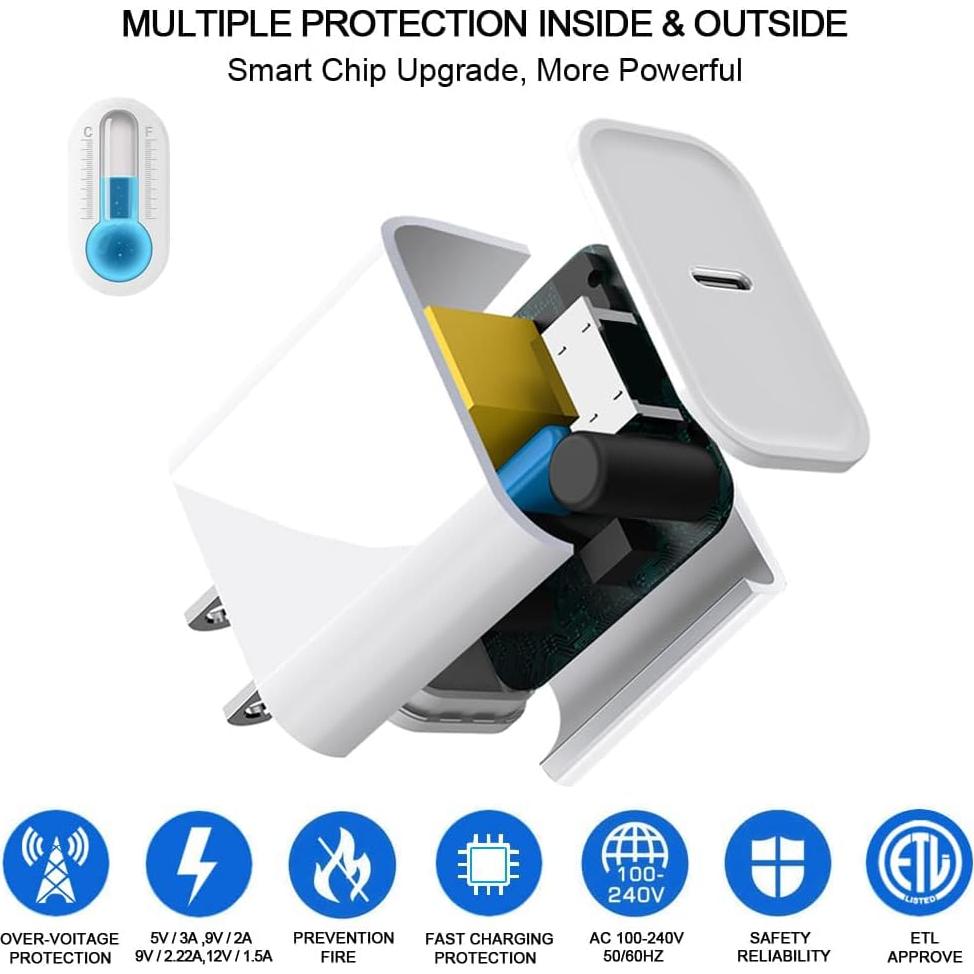 Cargador Rápido 20W USB C PD con Cable 6 pies para iPhone