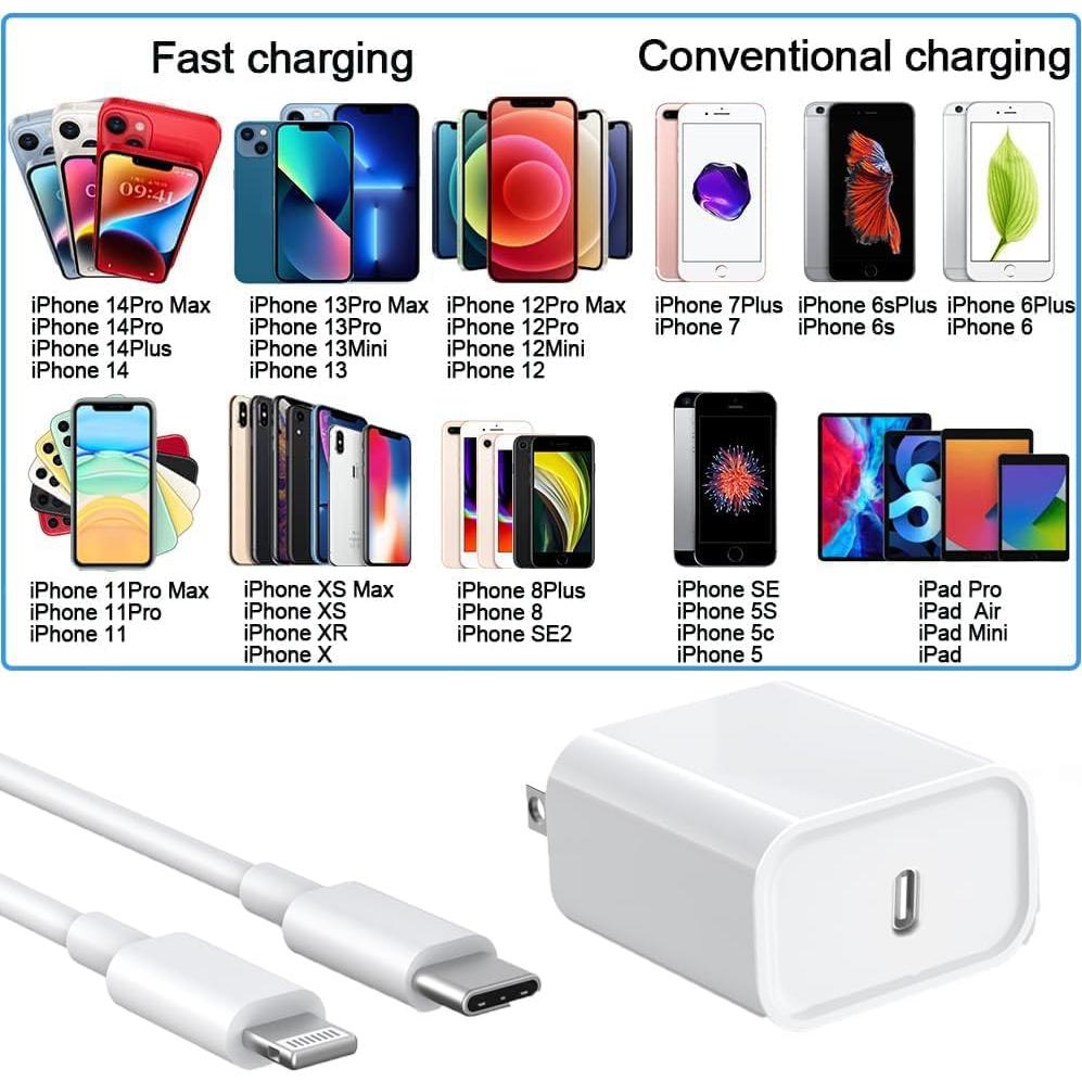 Cargador Rápido 20W USB C PD con Cable 6 pies para iPhone