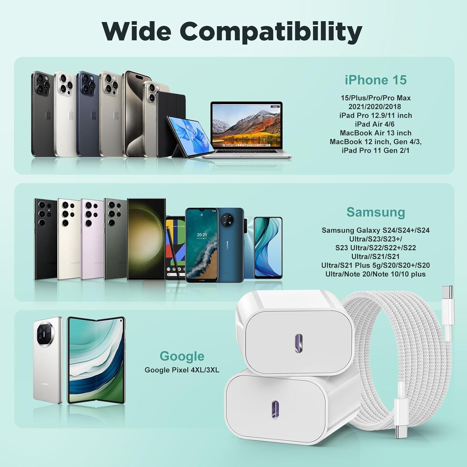 Cargador Rápido de Pared 20W USB C + 3 Cables para iPhone 15/16