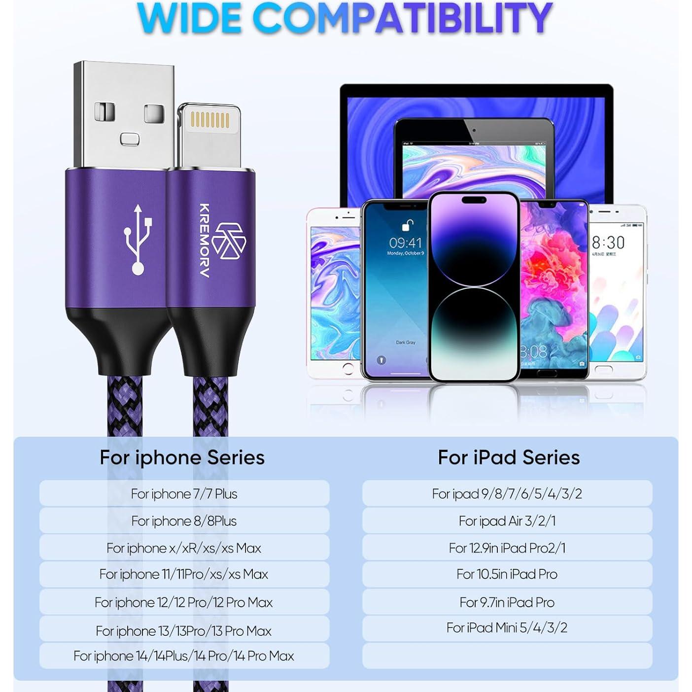 Cargador USB Lightning KREMORV 5 Cables 3.05m Carga Rápida