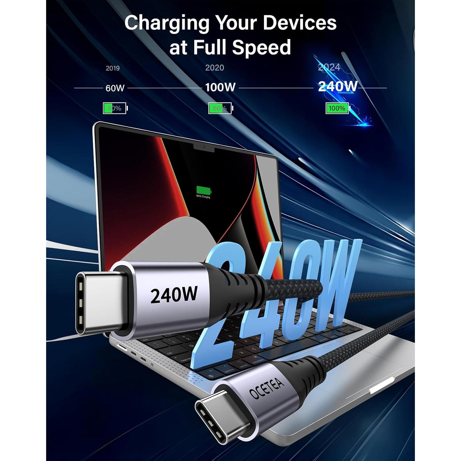 Cable USB C a USB C 240W Ocetea 1m 1m 2m Carga Rápida