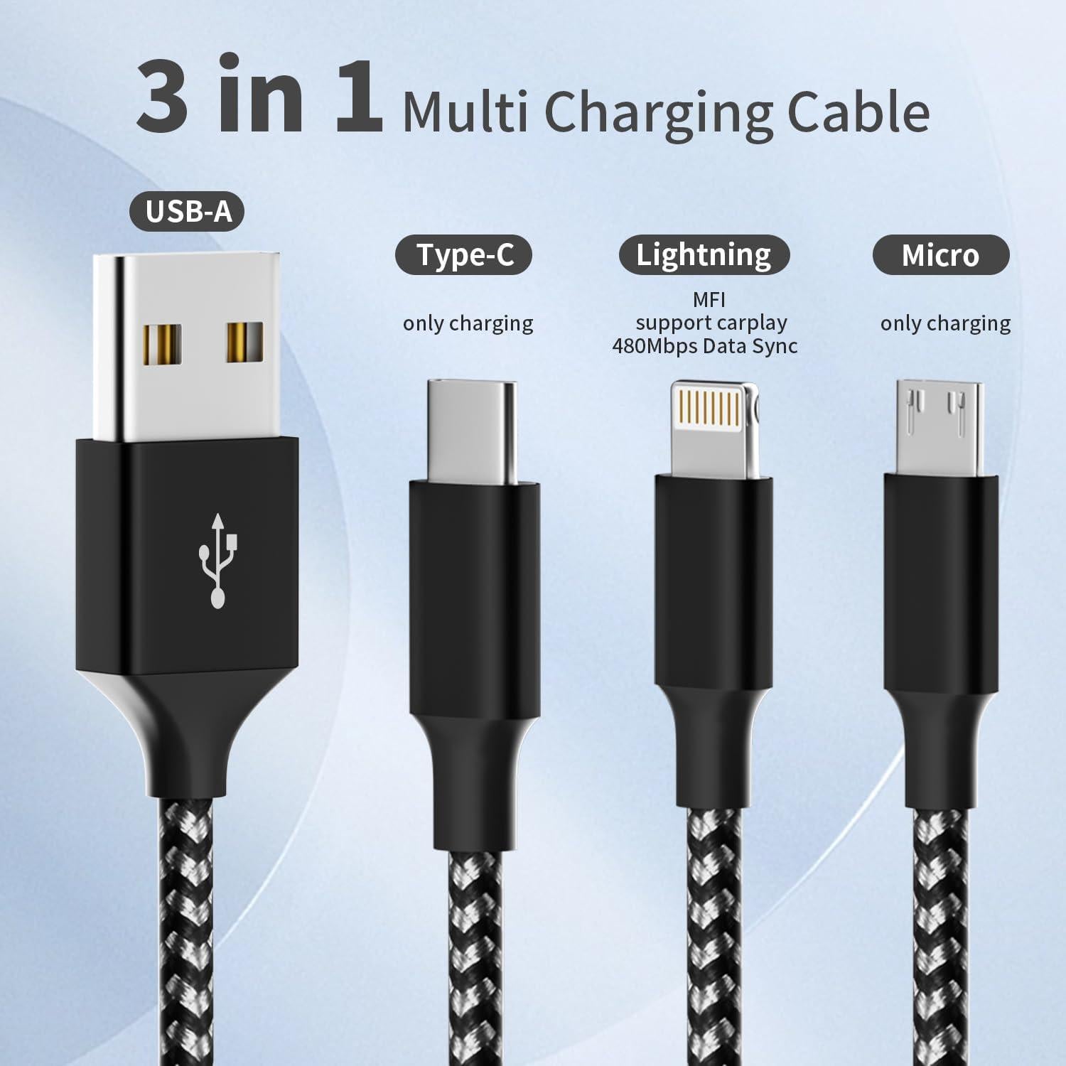 Cable de Carga Múltiple 3 en 1 Firsting 1.22m Negro y Gris