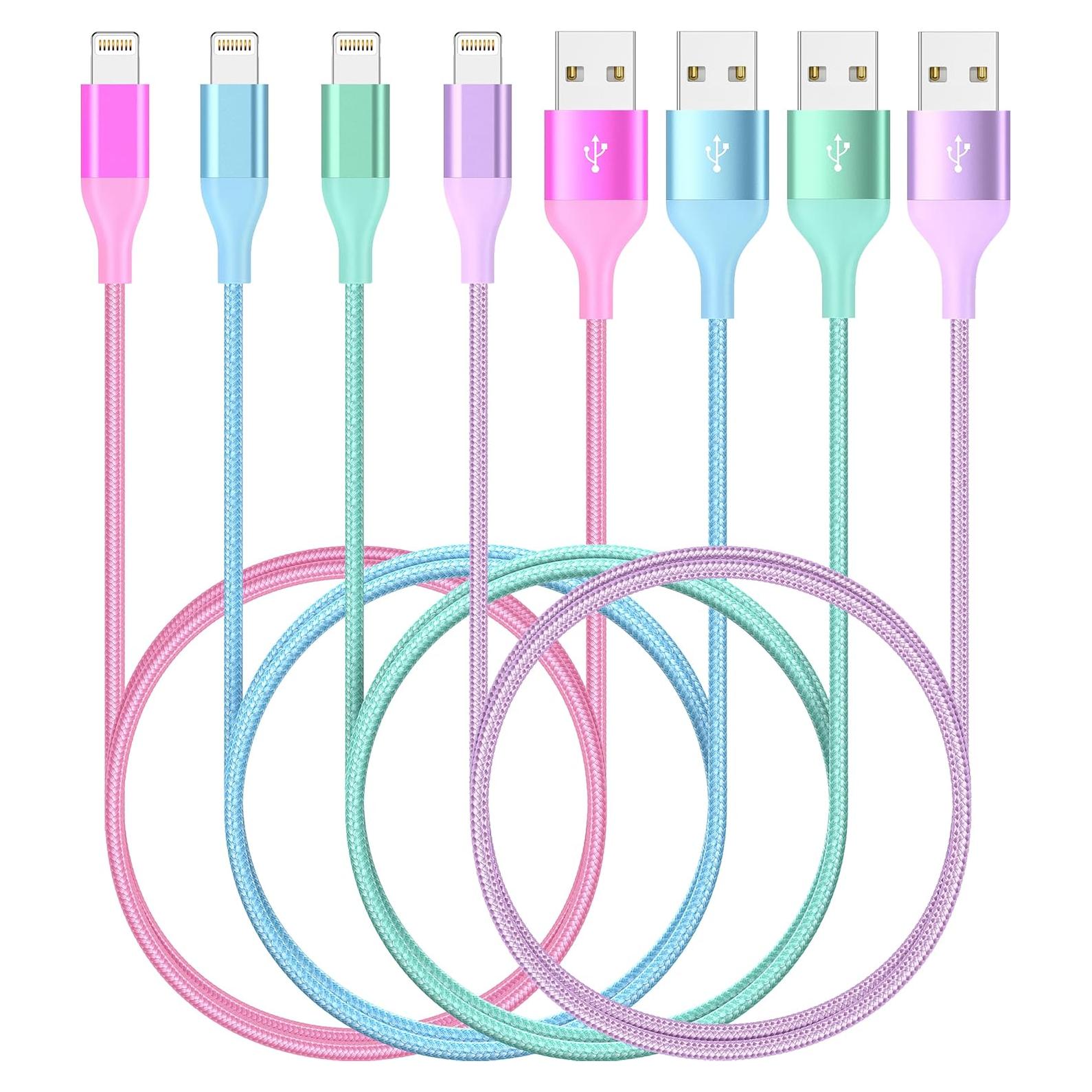 Cargador Lightning 6ft 4Pack Apple MFi Nylon Trenzado Colorido