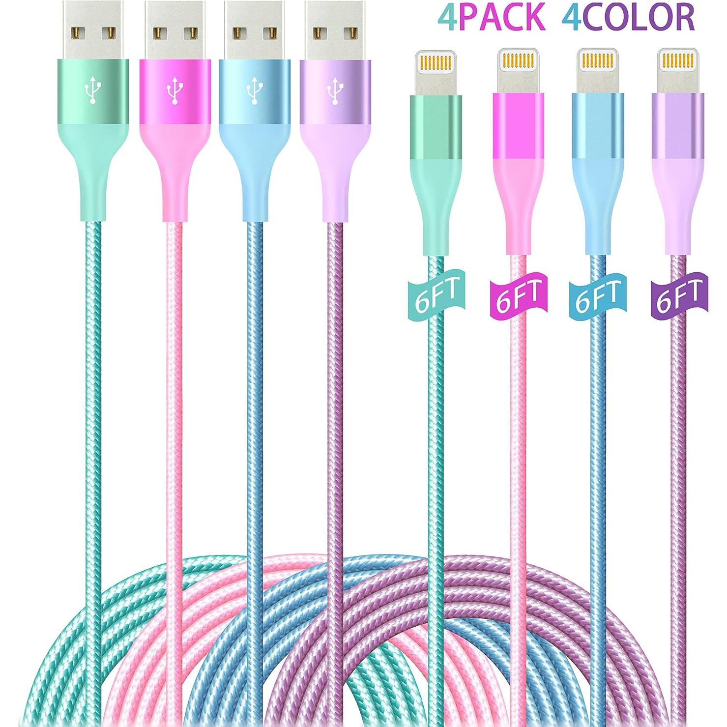 Cargador Lightning 6ft 4Pack Apple MFi Nylon Trenzado Colorido