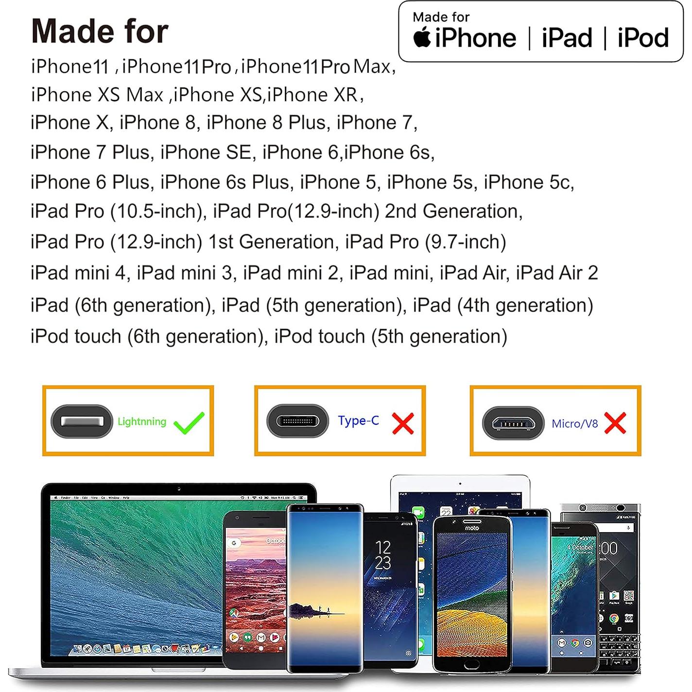Cargador Lightning 6ft 4Pack Apple MFi Nylon Trenzado Colorido