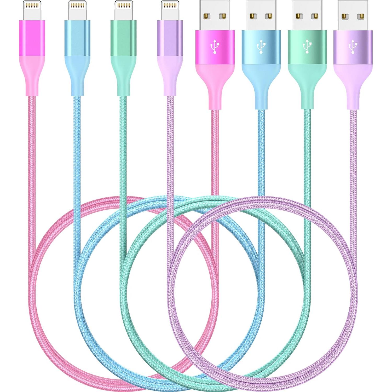 Cargador Lightning 6ft 4Pack Apple MFi Nylon Trenzado Colorido