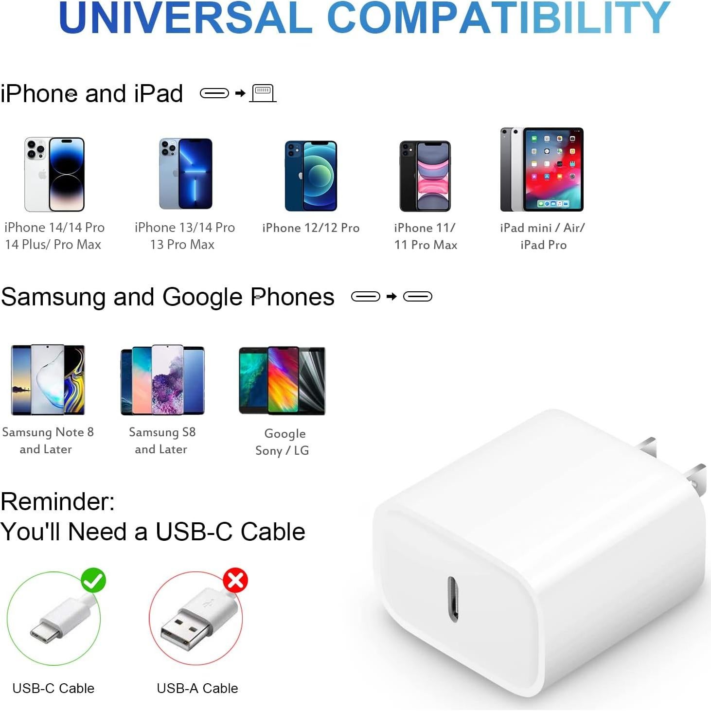 Cargador Rápido USB-C 20W con Cable 6FT para iPhone y iPad