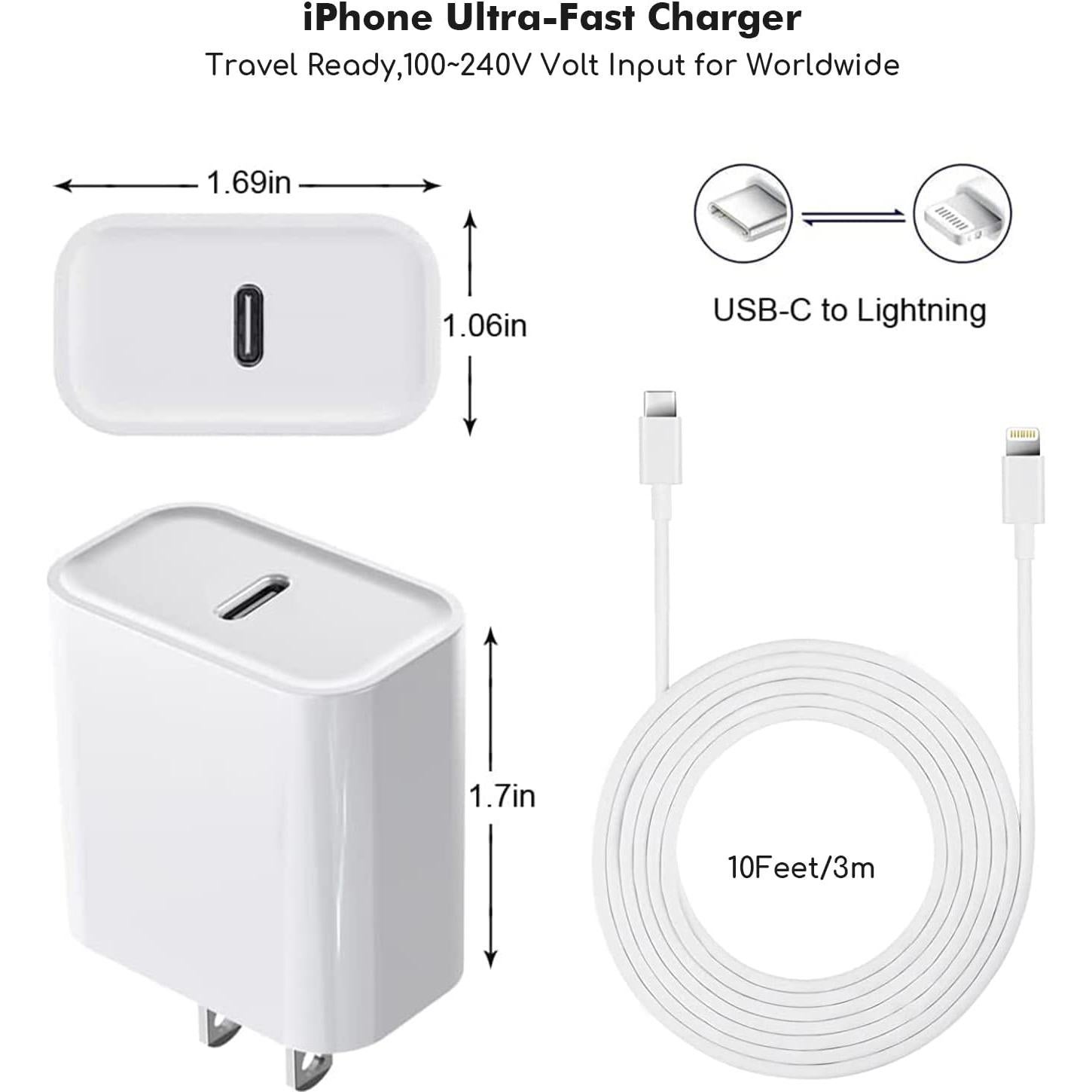 Cargador Rápido USB-C 20W + Cable Lightning 10FT para iPhone