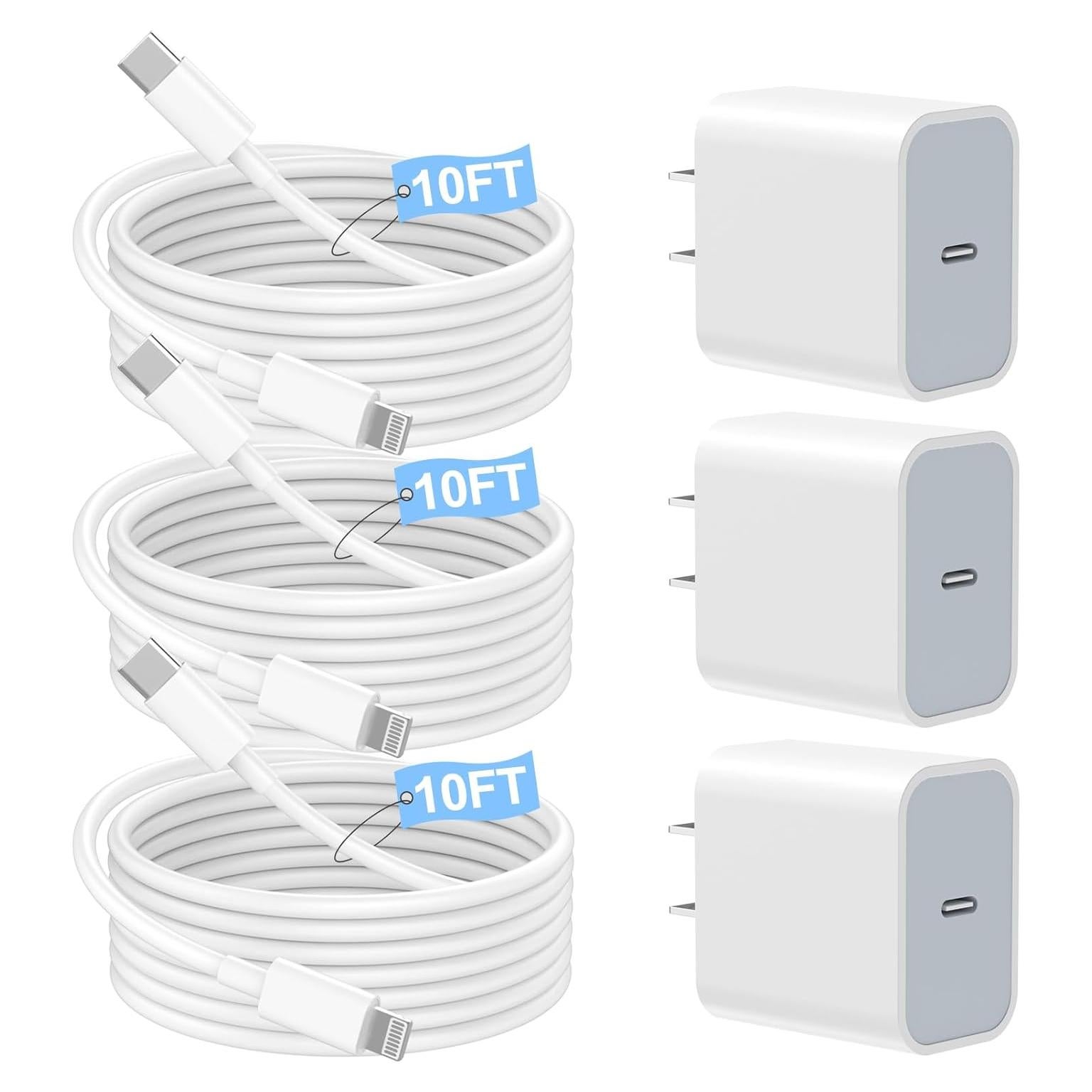 Cargador Rápido USB C para iPhone - 3 Piezas 10FT MFi