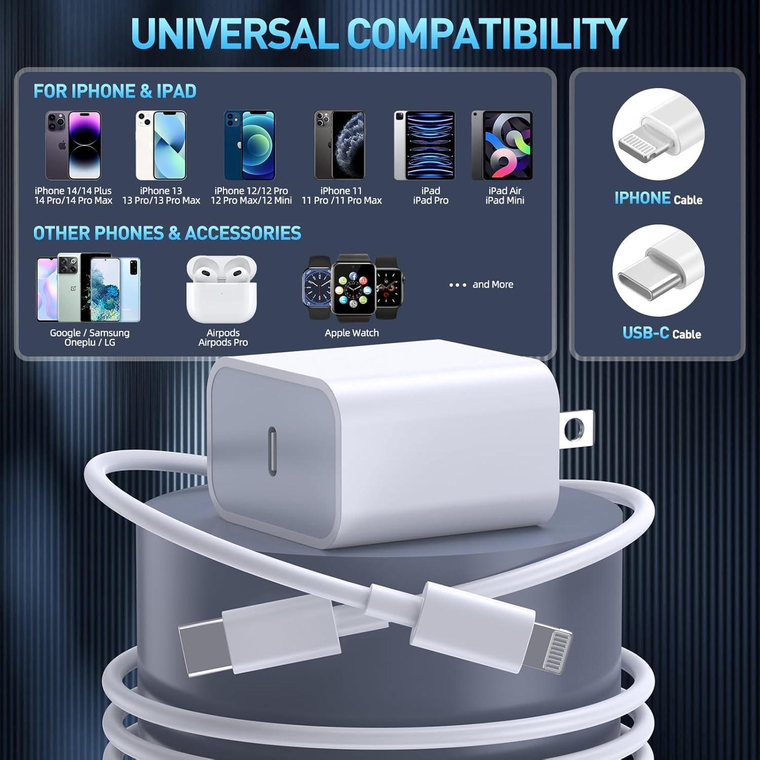 Cargador Rápido USB C para iPhone - 3 Piezas 10FT MFi