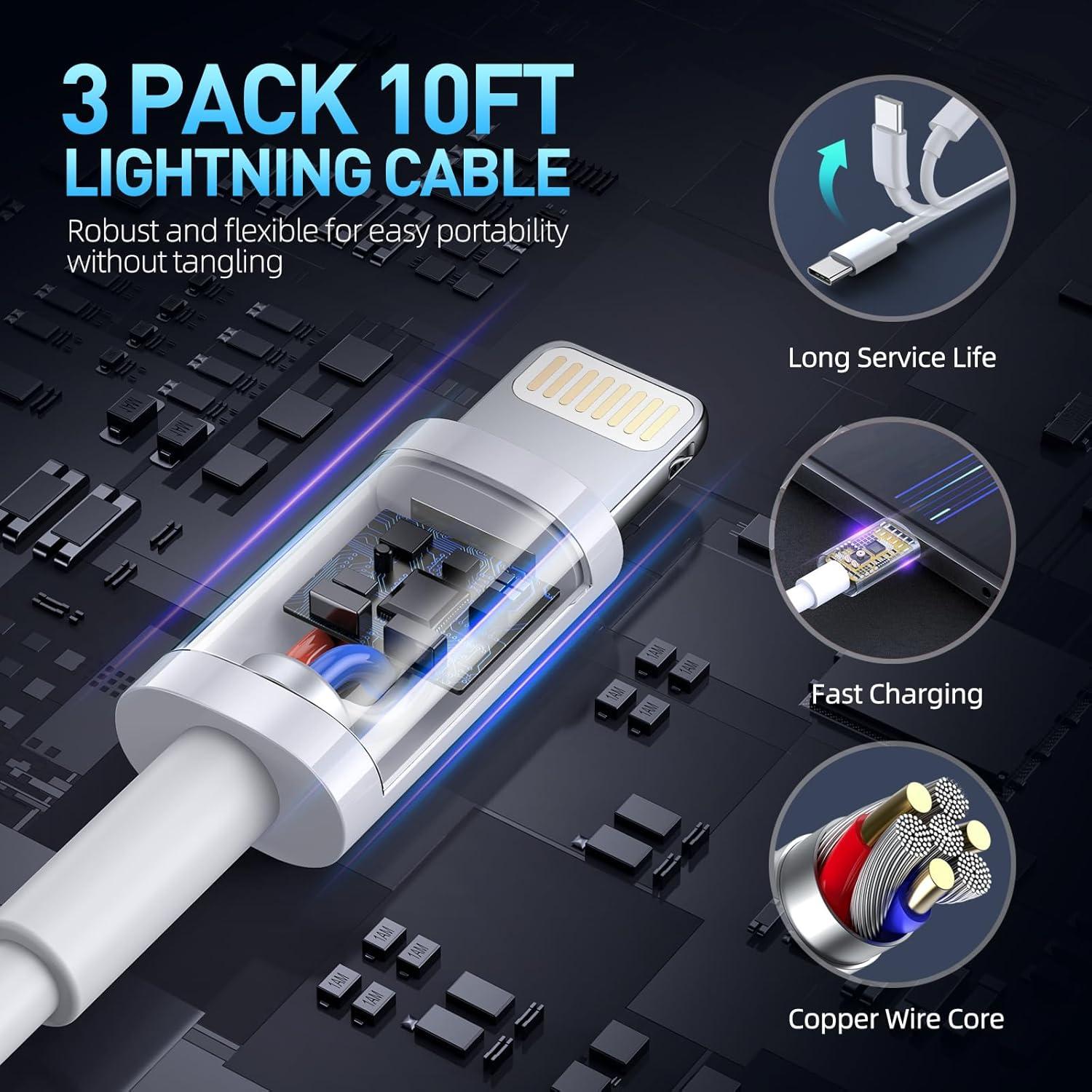 Cargador Rápido USB C para iPhone - 3 Piezas 10FT MFi