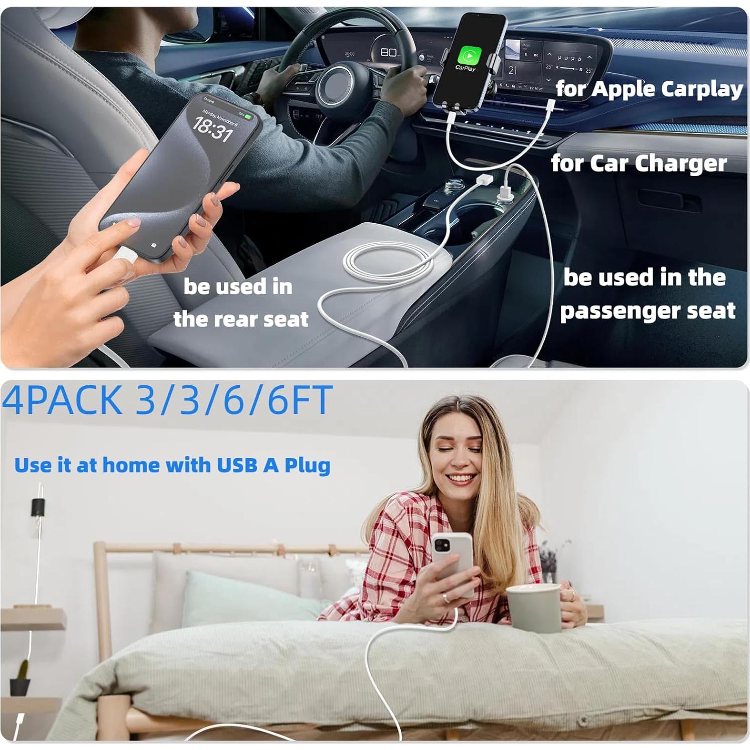 Cable Carplay USB A a USB C Cabepow 0.91/1.83m Carga Rápida