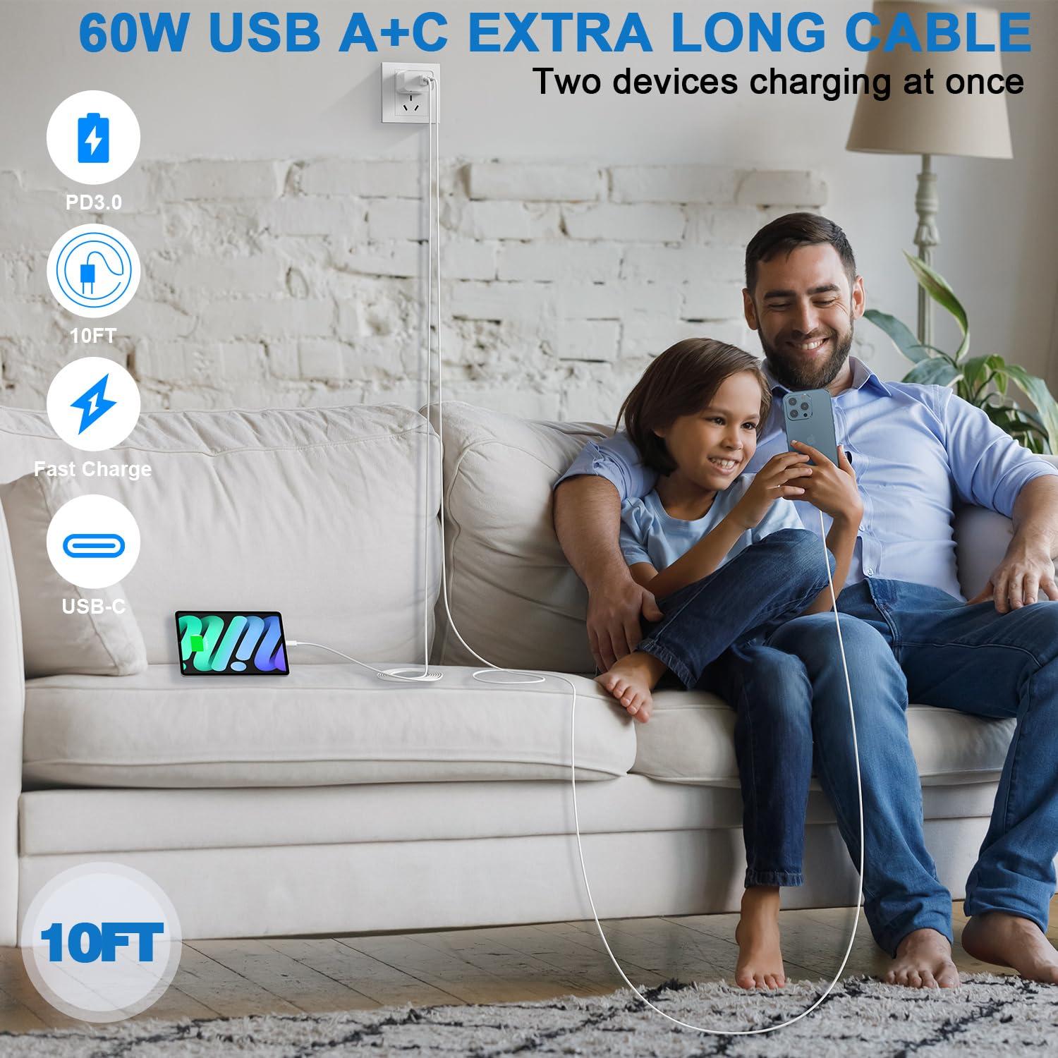 Cargador Rápido 20W USB A+C + 2 Cables USB C 10FT - iPhone 16