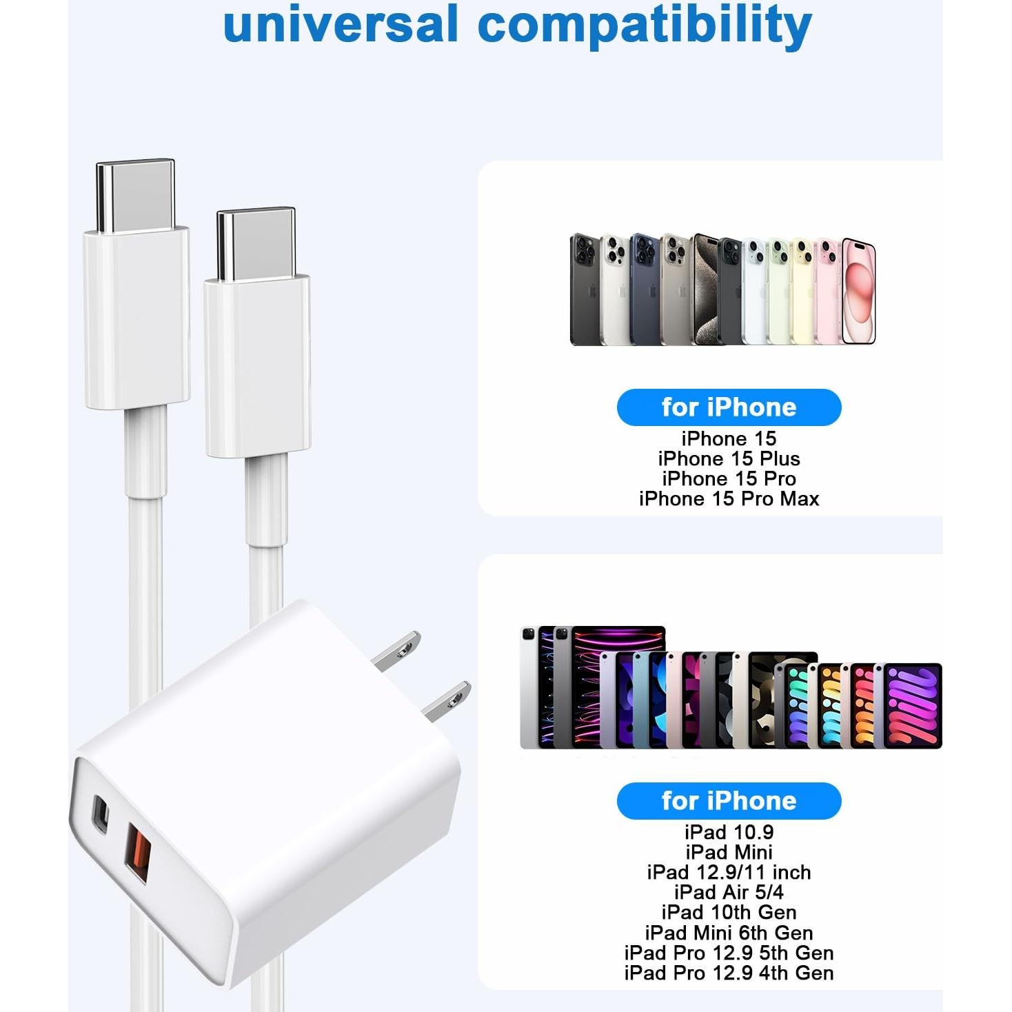 Cargador Rápido 20W USB A+C + 2 Cables USB C 10FT - iPhone 16