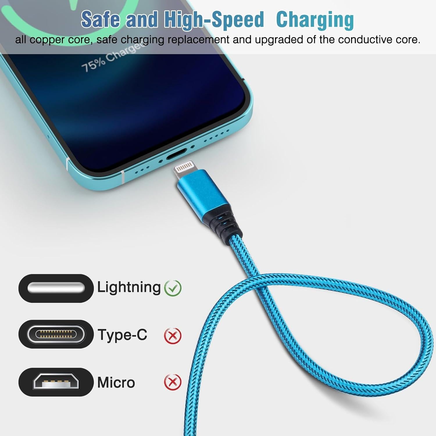 Cargador Lightning 10FT 5Pack Aurnoet Carga Rápida MFi