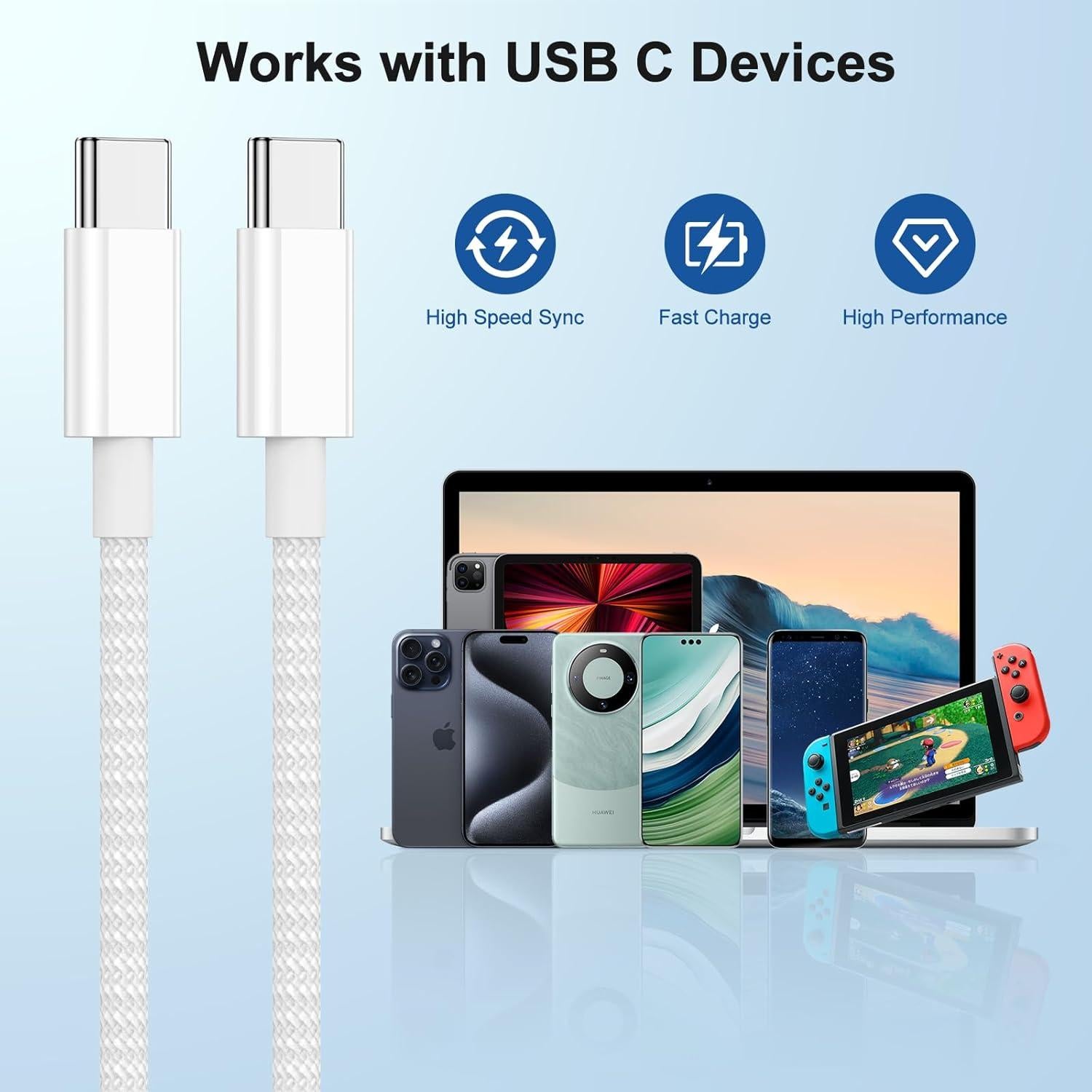 Cable USB C a C 10 pies 60W Yievis para iPhone y MacBook