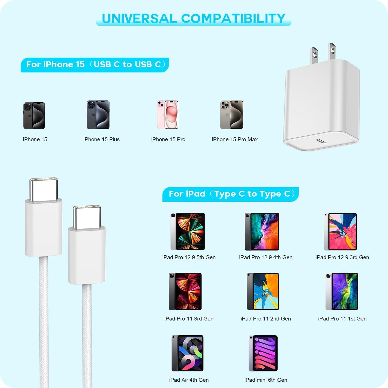 Cargador Rápido USB C 20W para iPhone 16/15 y iPad - 3 Piezas
